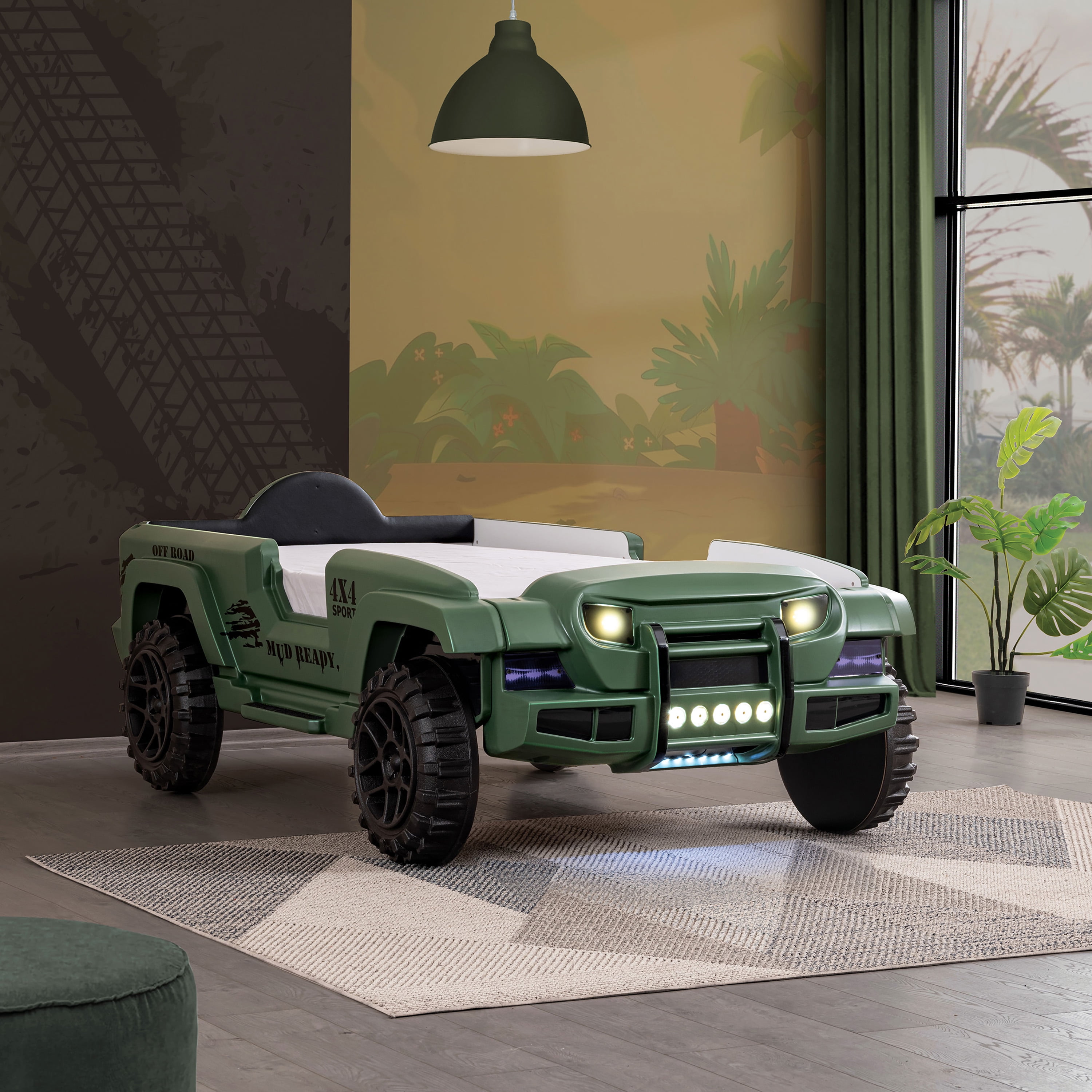 Furniture of America Terra Kids Plastic Twin Off-road SUV Bed with LED and Sound, Green