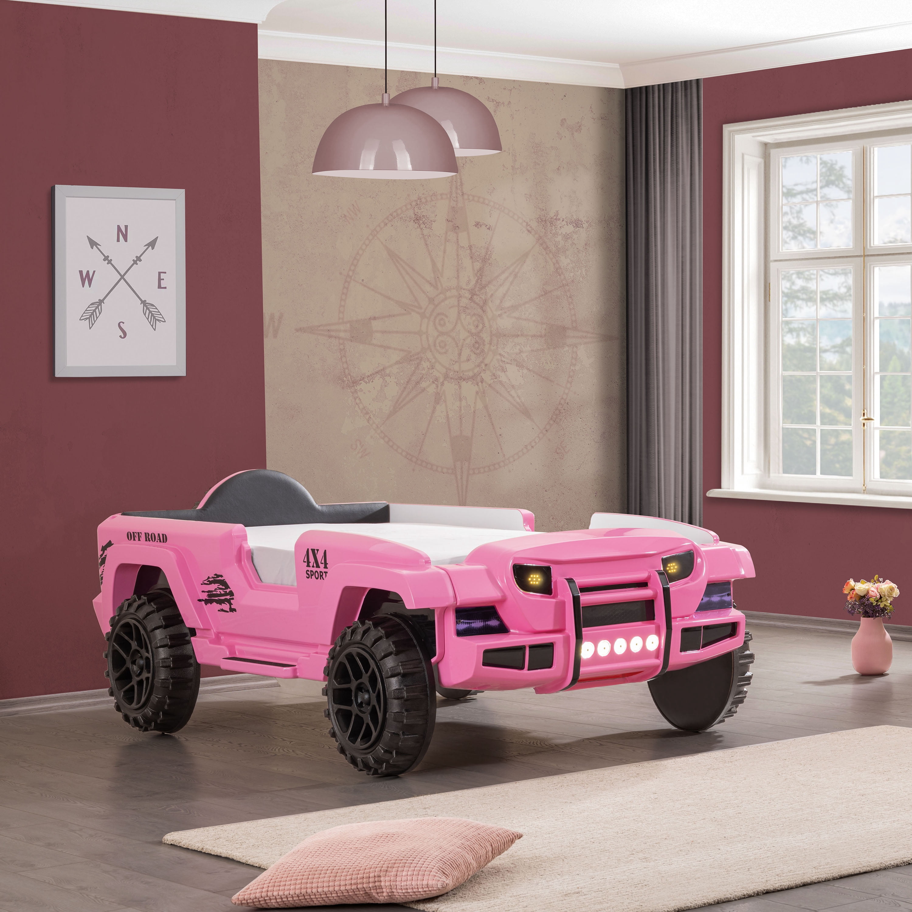 Furniture of America Terra Kids Plastic Twin Off-road SUV Bed with LED and Sound, Pink