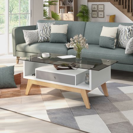 Furniture of America Tevi Modern 47-inch Glass Top 1-Shelf Coffee Table by Grey Wood Finish