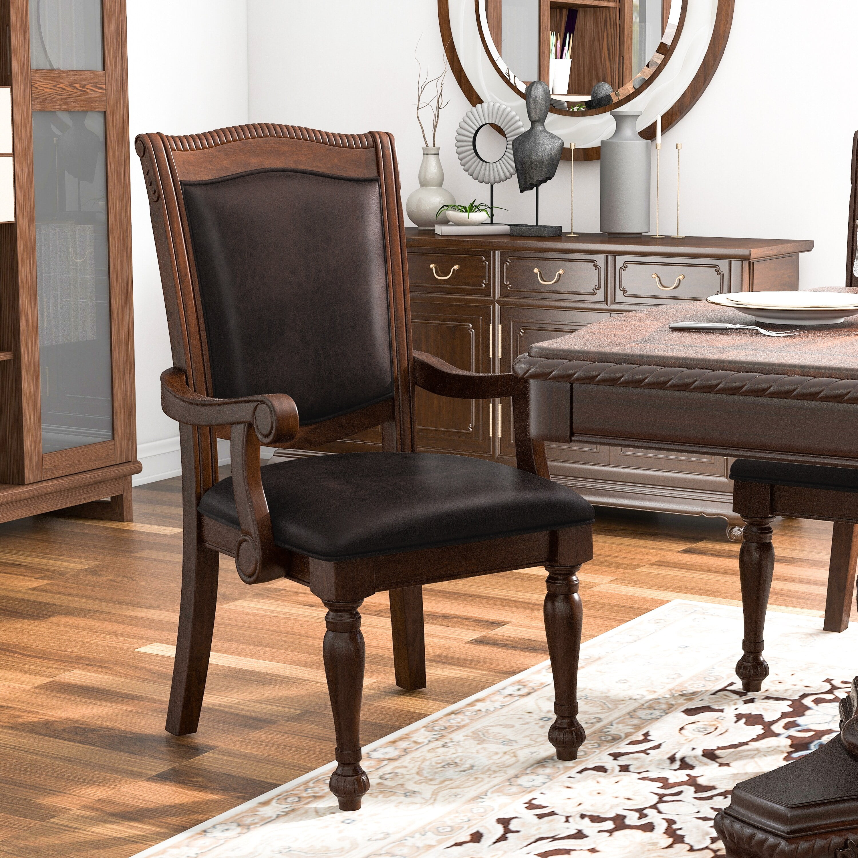 High Back Brown Faux Leather Upholstered Arm Chair with Wood Frame