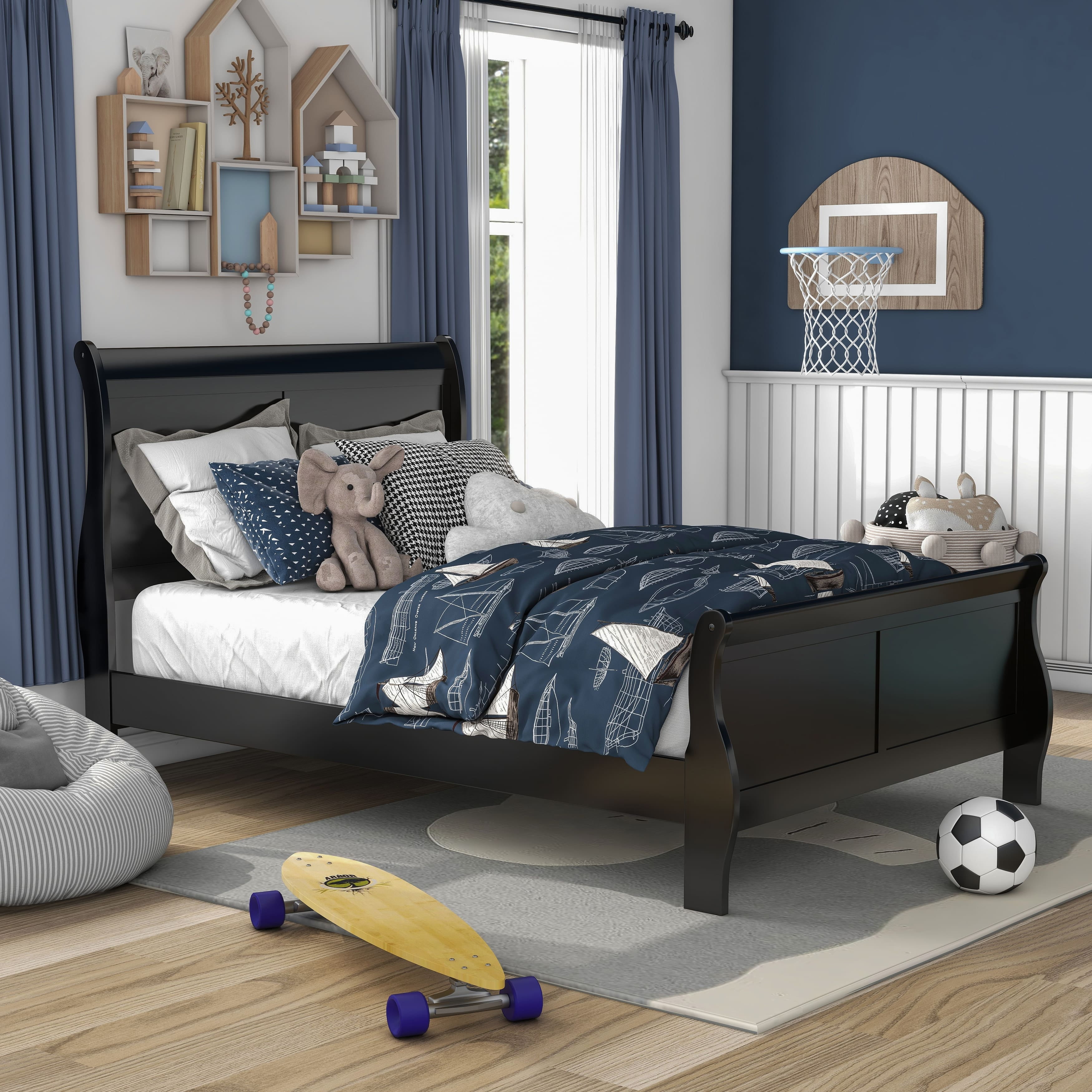 Black Solid Wood Sleigh Full Bed Frame with Headboard