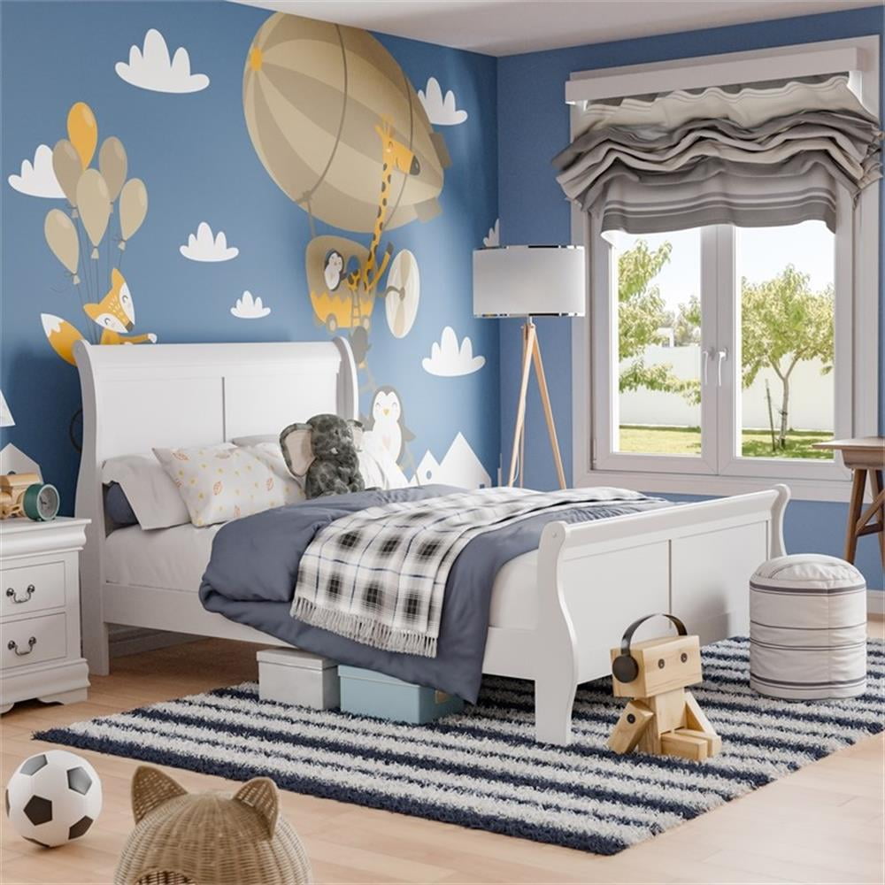 White Traditional Wood Sleigh Full Bed Frame with Headboard and Footboard