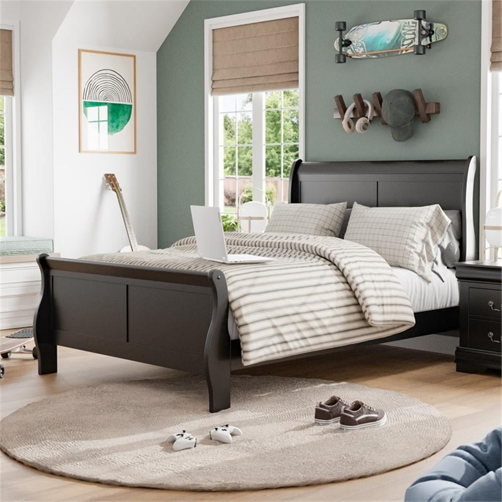 Black Twin Sleigh Bed with Wood Frame and Headboard