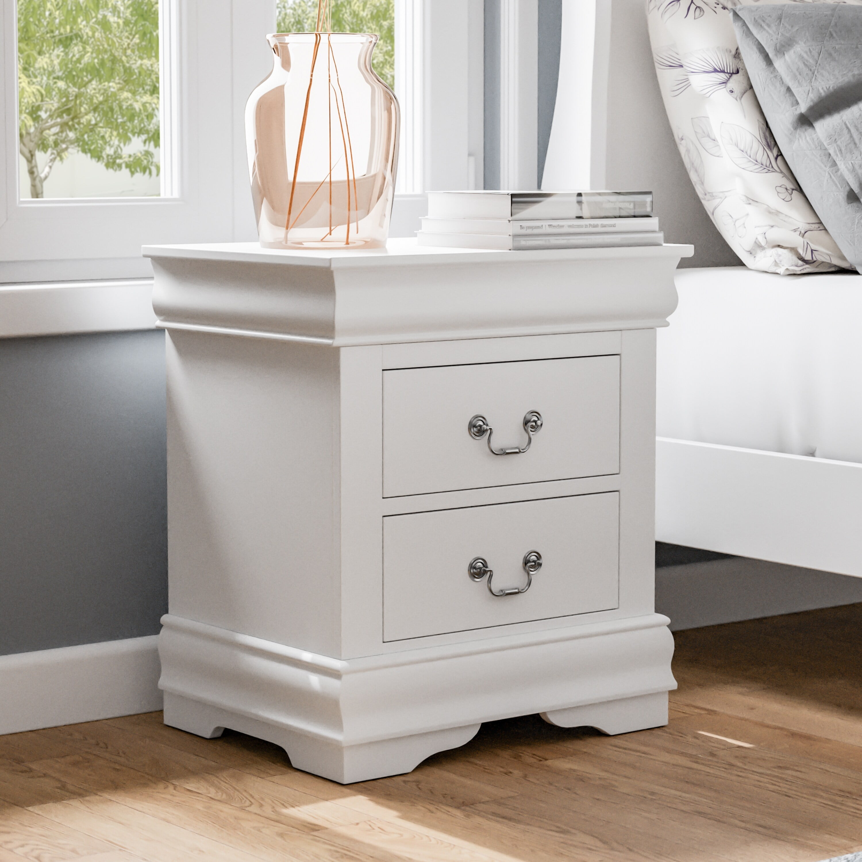 White Solid Wood 2-Drawer Nightstand with Antique Handles