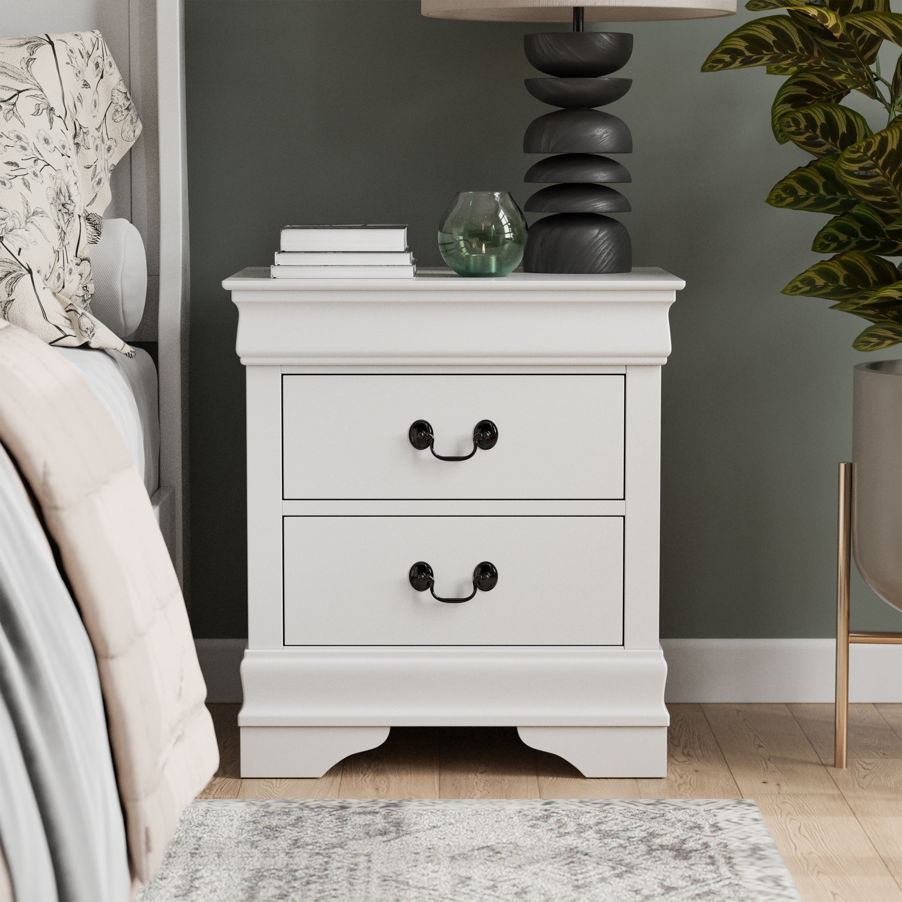 White Solid Wood 2-Drawer Nightstand with Antique Handles