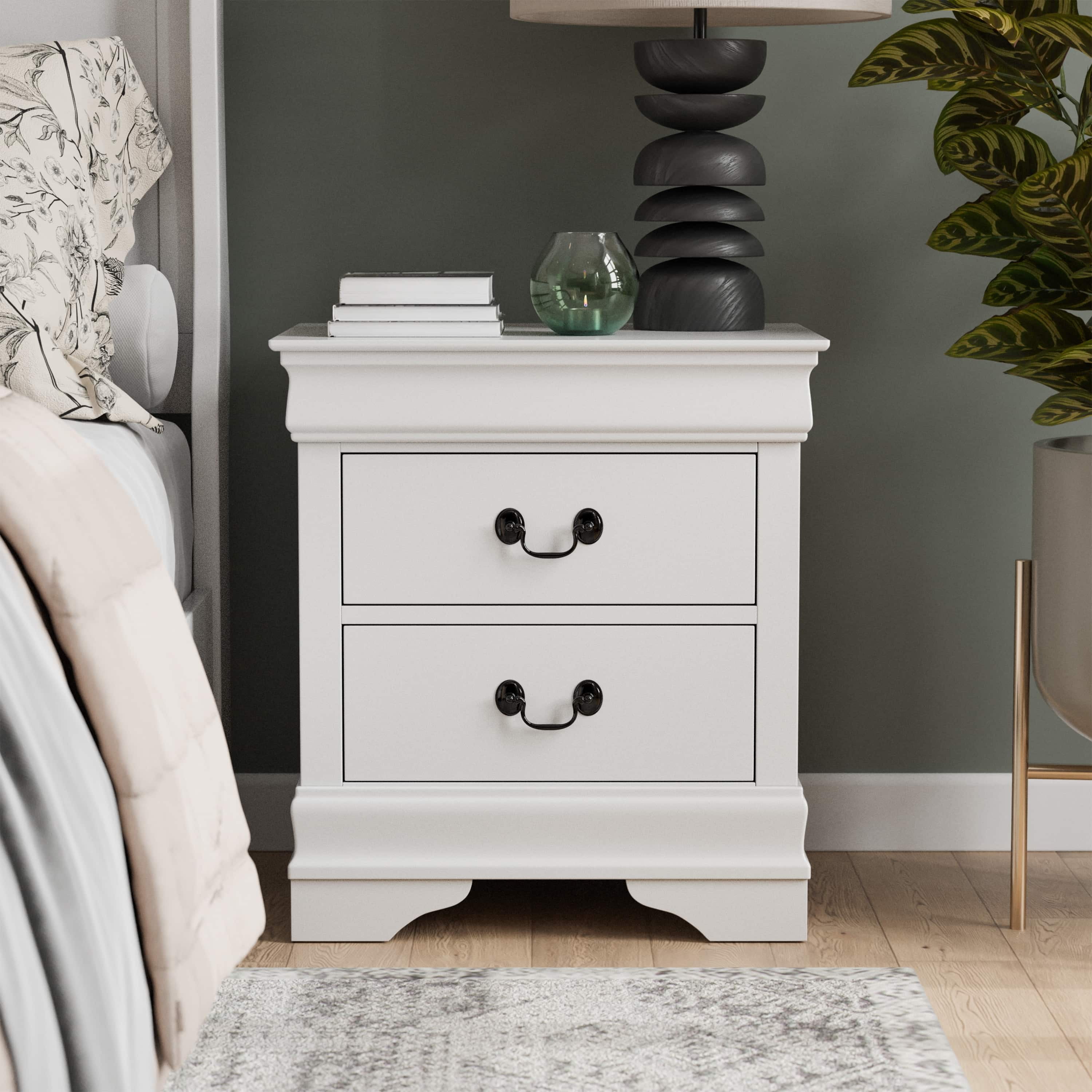 White Solid Wood 2-Drawer Nightstand with Antique Handles
