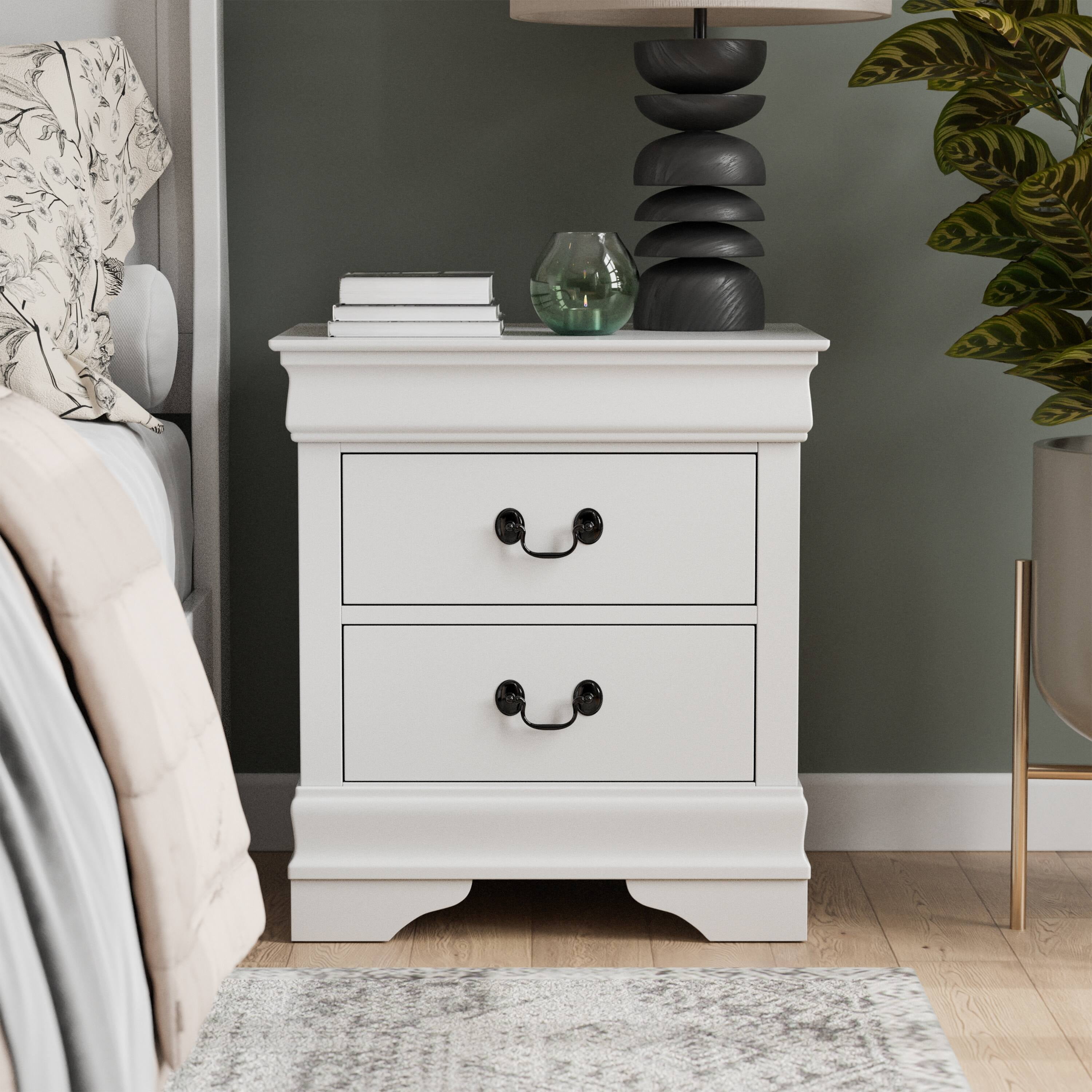 White Solid Wood 2-Drawer Nightstand with Antique Handles