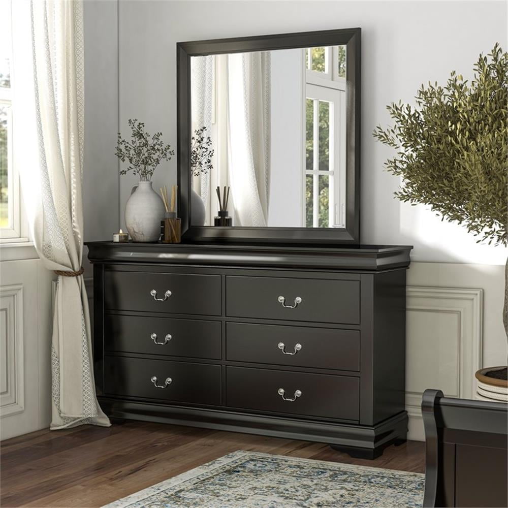 Black Solid Wood 6-Drawer Dresser with Mirror