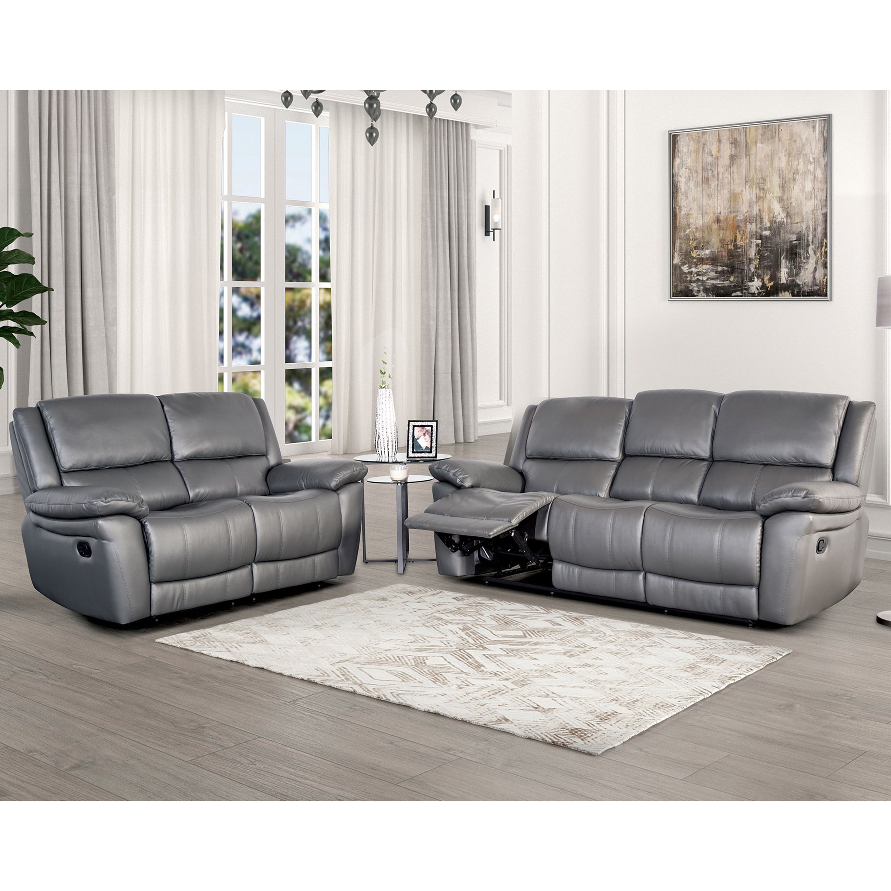 Furniture of America Torrel 2-Piece Modern Leather Match Manual Reclining Sofa Set, Dark Gray