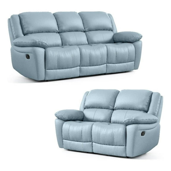 Furniture of America Sorin Blue Leather 2-Piece Manual Reclining Sofa Set