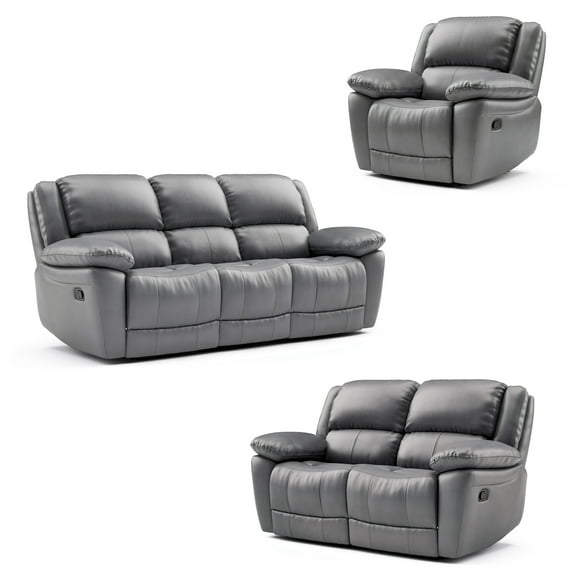 Furniture of America Torrel 3-Piece Modern Leather Match Manual Reclining Sofa Set, Dark Gray