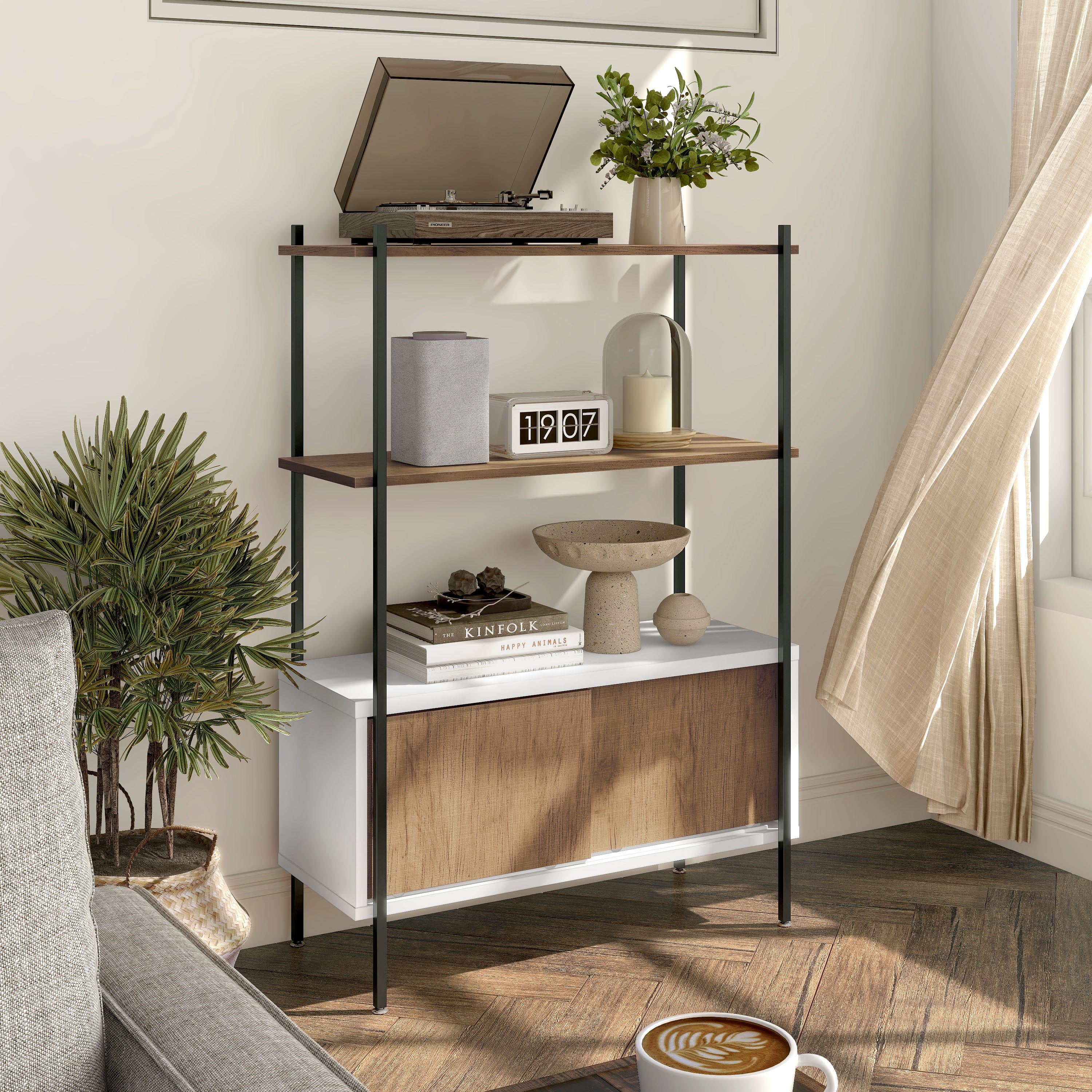 White and Oak Adjustable 3-Shelf Bookcase with Sliding Doors