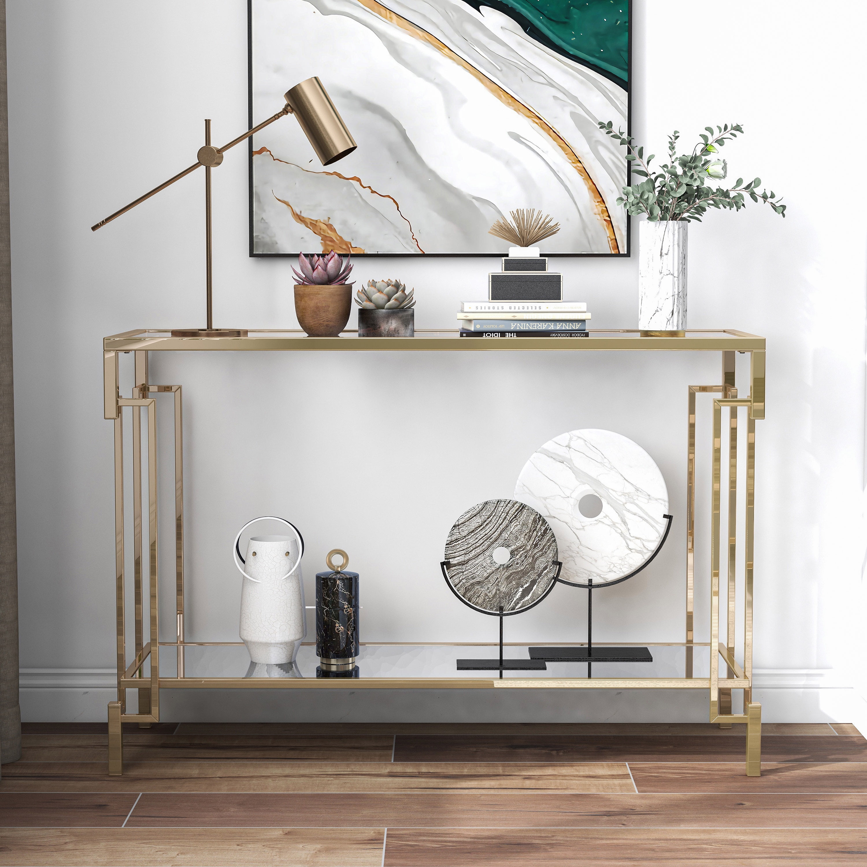 Furniture of America Triste 1-Shelf Glass Top and Metal Champagne Sofa Table