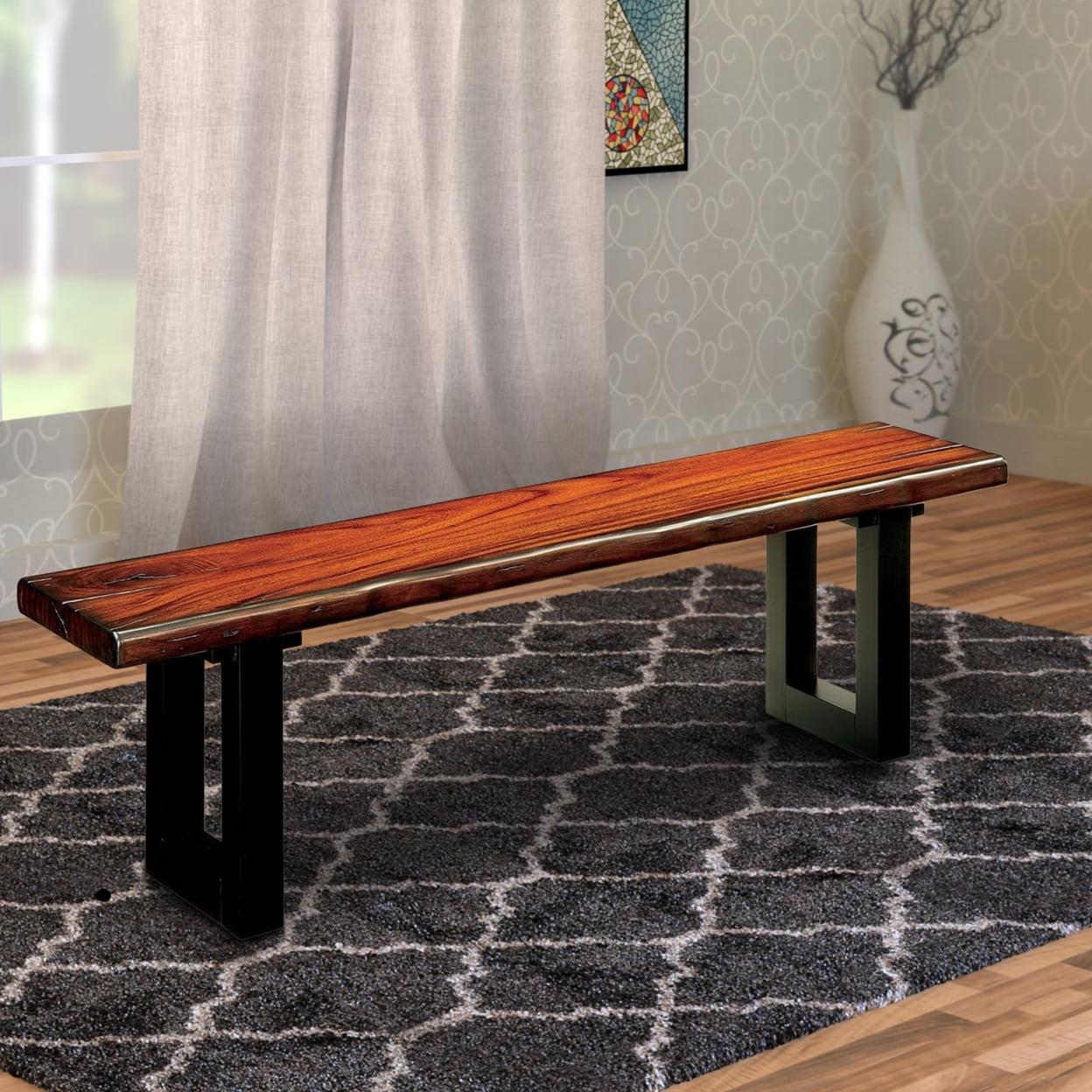 Rustic Brown Wood and Black Metal Dining Bench