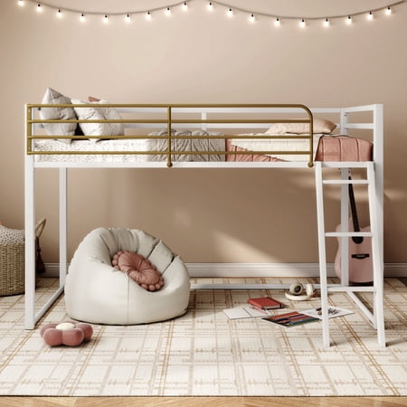 Furniture of America Twin Kids Junior Loft Bed with Guardrails, White and Gold Two-Tone Finish