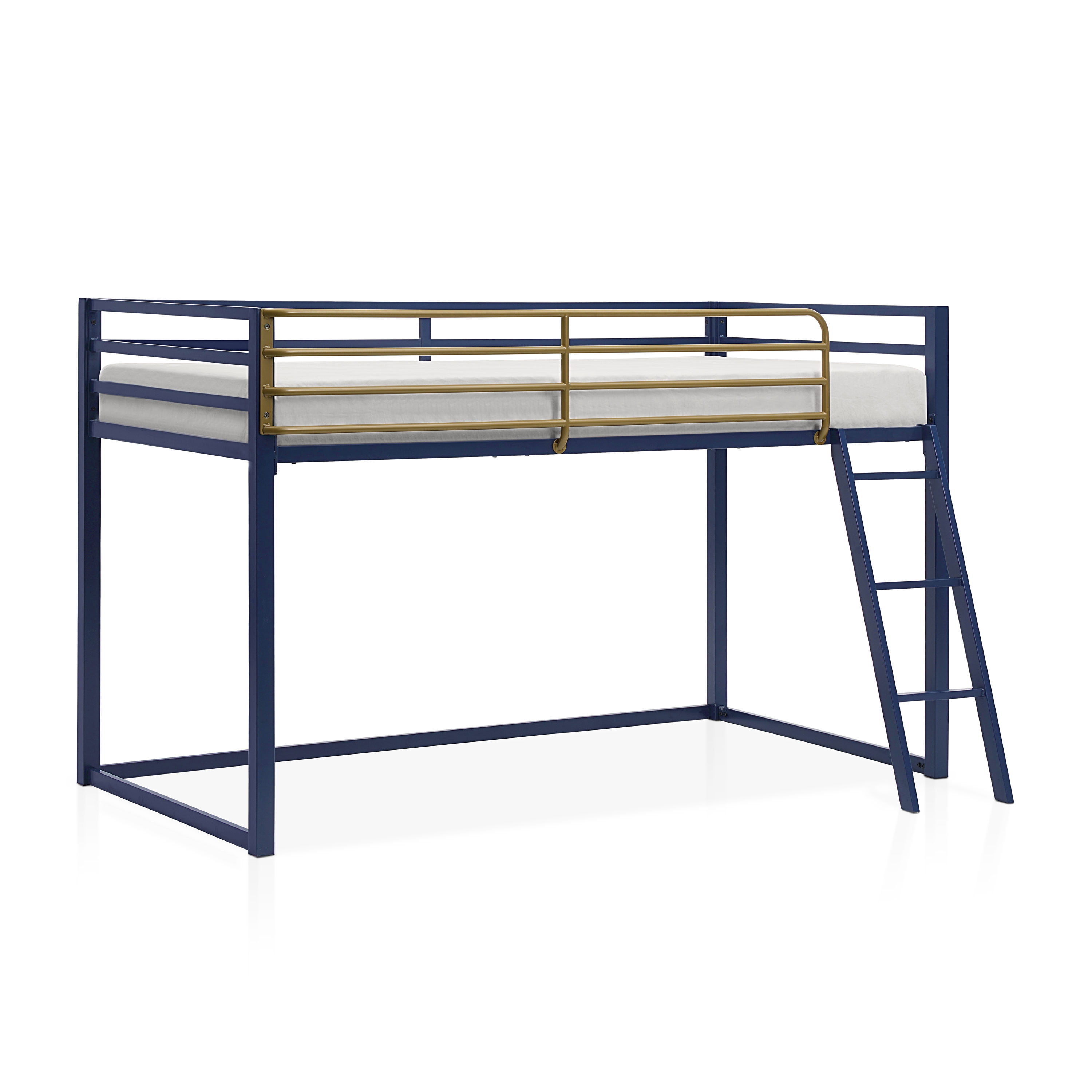 Furniture of America Twin Kids Junior Loft Bed Metal Frame with Guardrails, Blue and Gold Two-Tone Finish