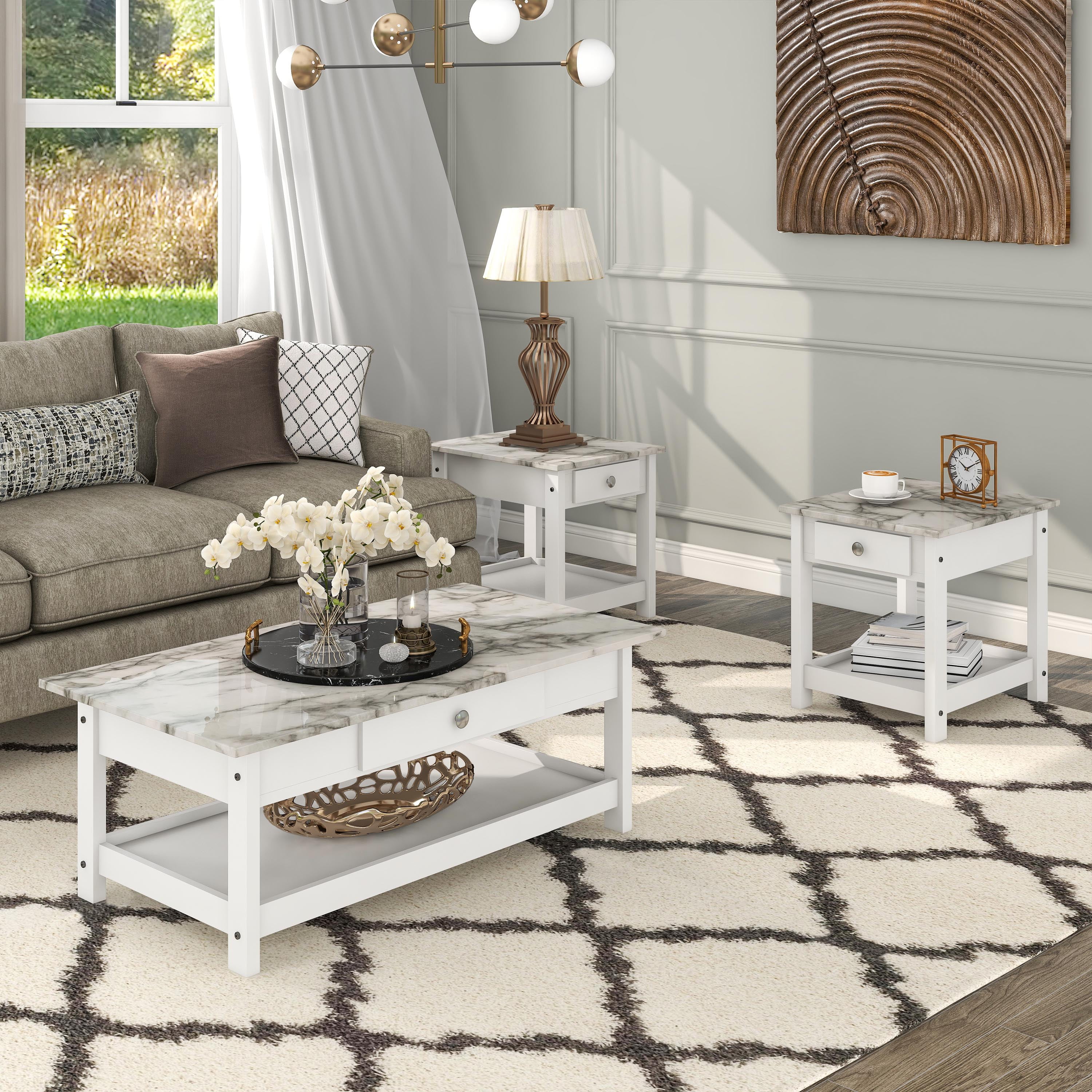 Furniture of America Umbra 3 Piece Coffee Table Set with Storage Faux Marble Top White for Living Room
