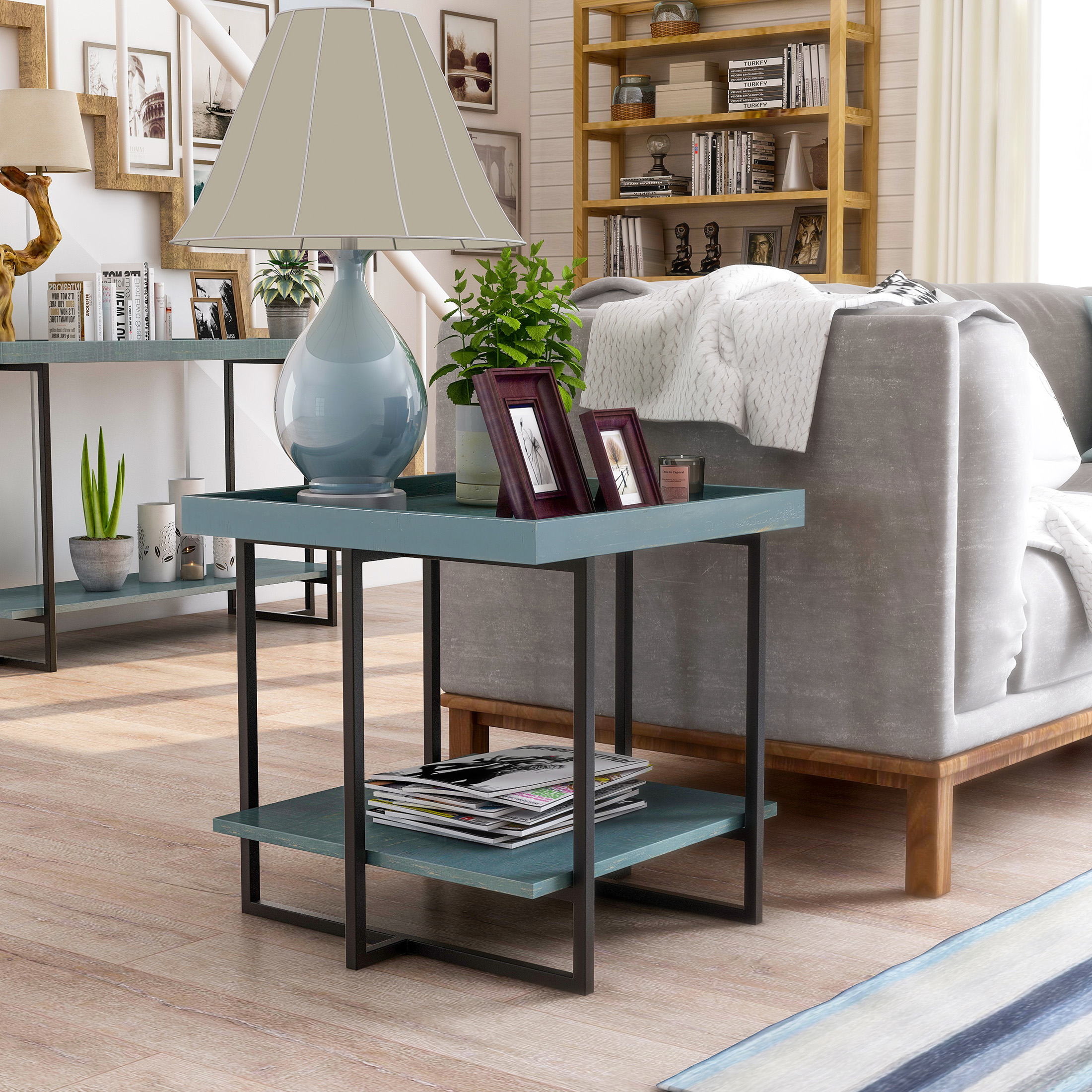 Furniture of America Uurt 1-Shelf End Table, Antique Blue