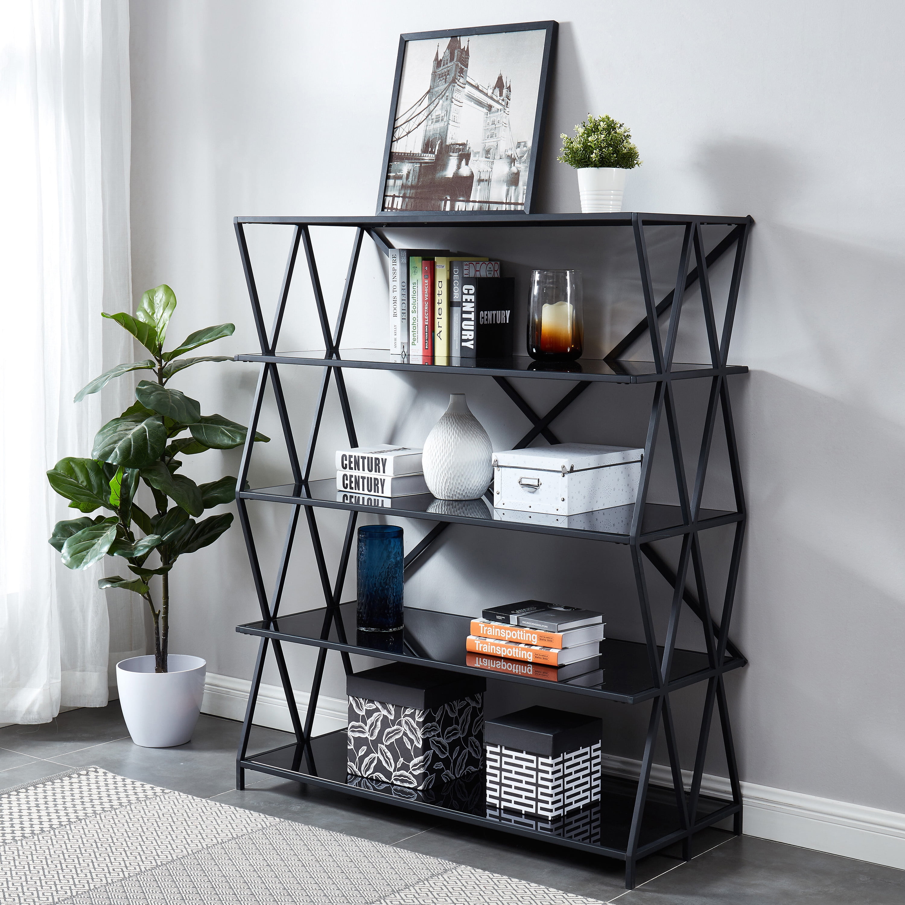Furniture of America Valette 5-Shelf Large Bookcase, Black