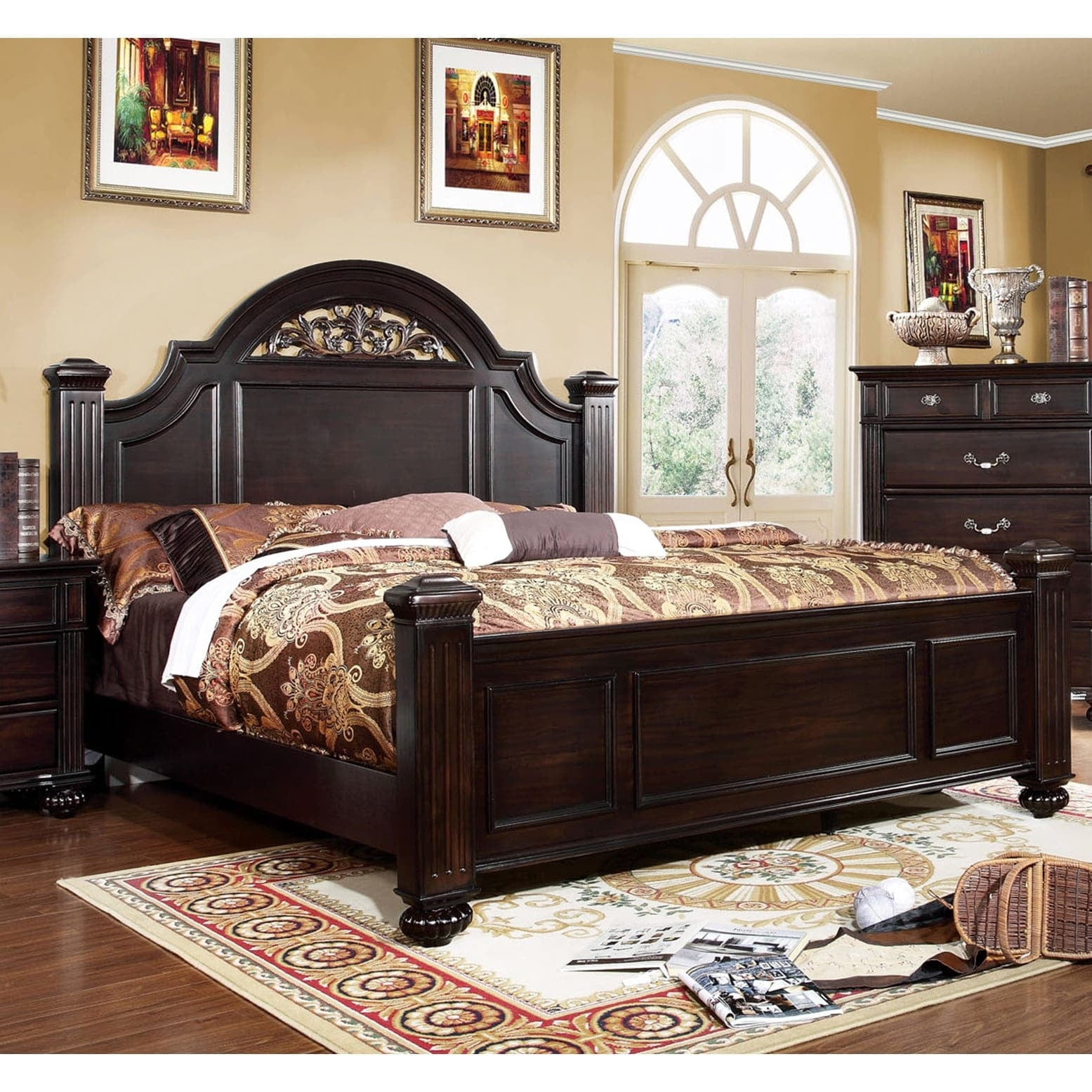 Grande King Dark Walnut Solid Wood Four Poster Bed with Floral Headboard