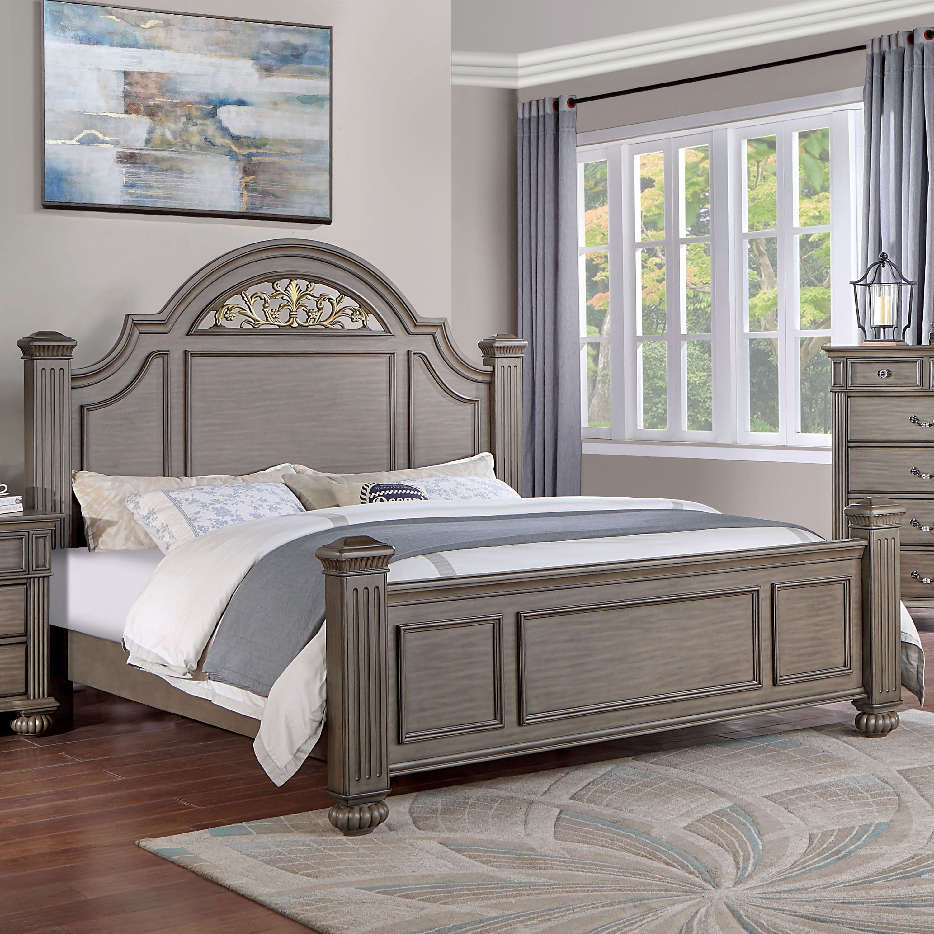 Gray Queen Traditional Solid Wood Four Poster Bed with Floral Headboard