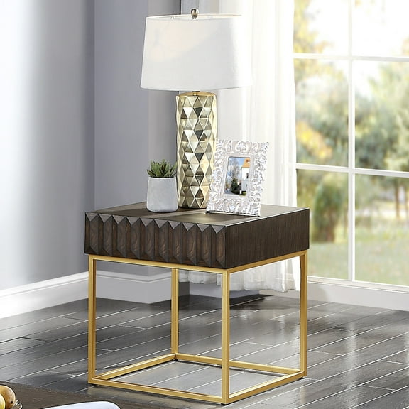 Furniture of America Vayne 1-Drawer Wood Walnut and Gold End Table