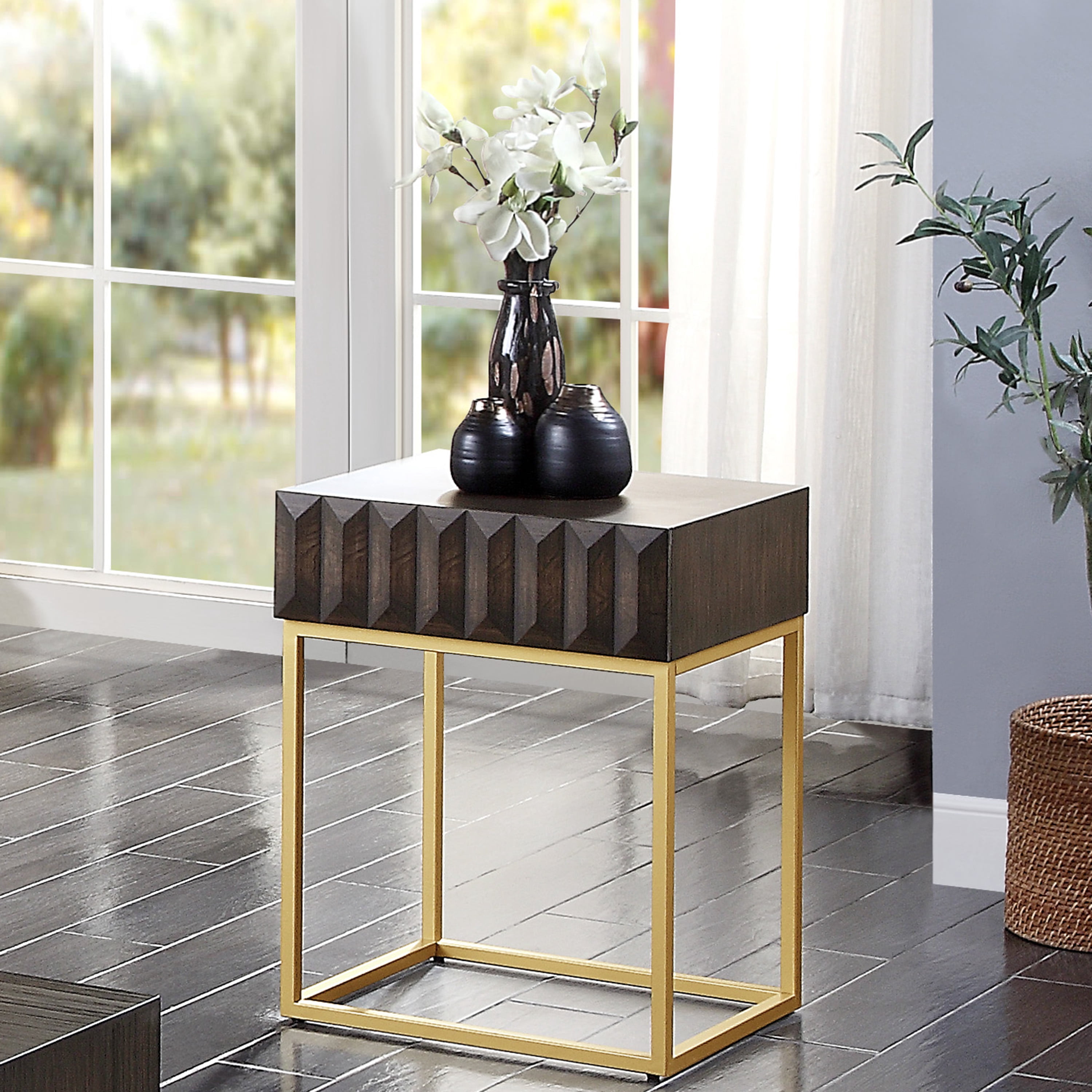 Furniture of America Vayne 1-Drawer Wood Walnut and Gold Side Table