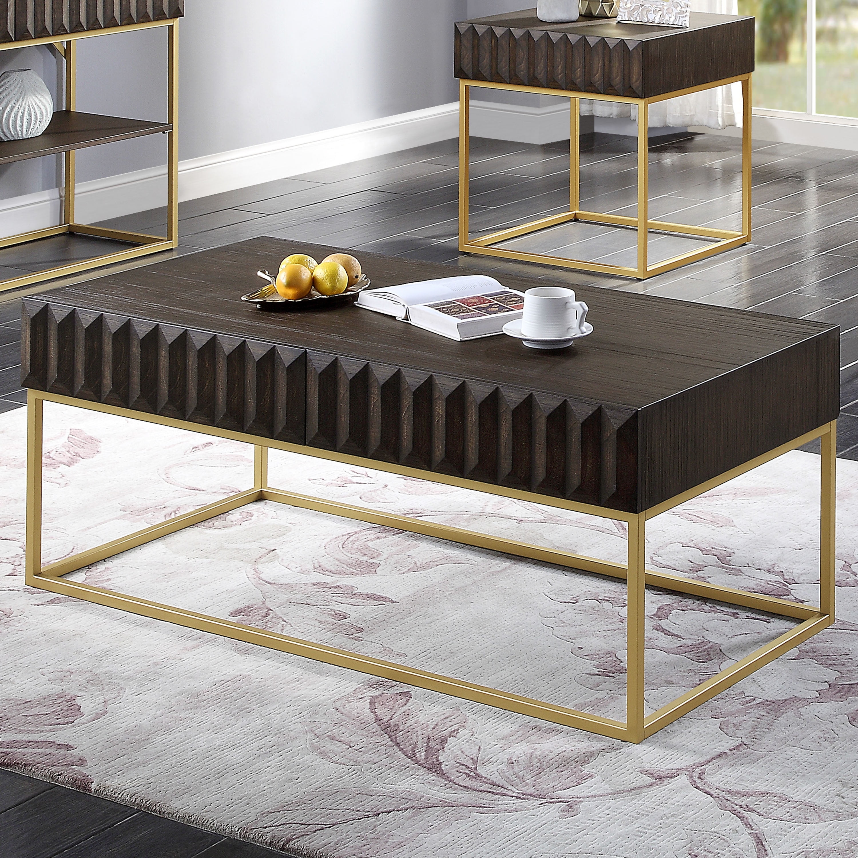 Furniture of America Vayne 2-Drawer Wood Walnut and Gold Coffee Table
