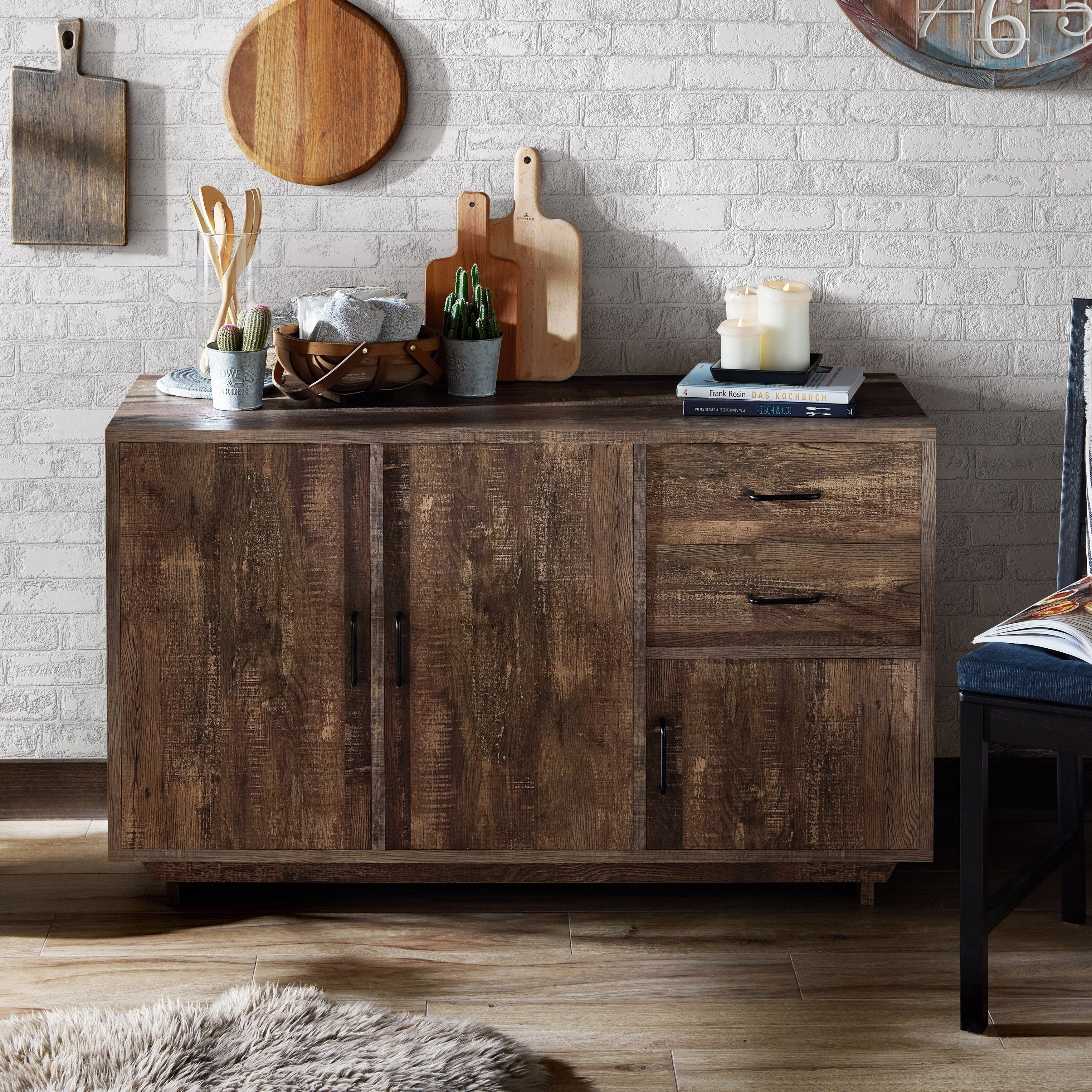 Rustic Oak 47-Inch 2-Drawer Dining Server with Metal Handles