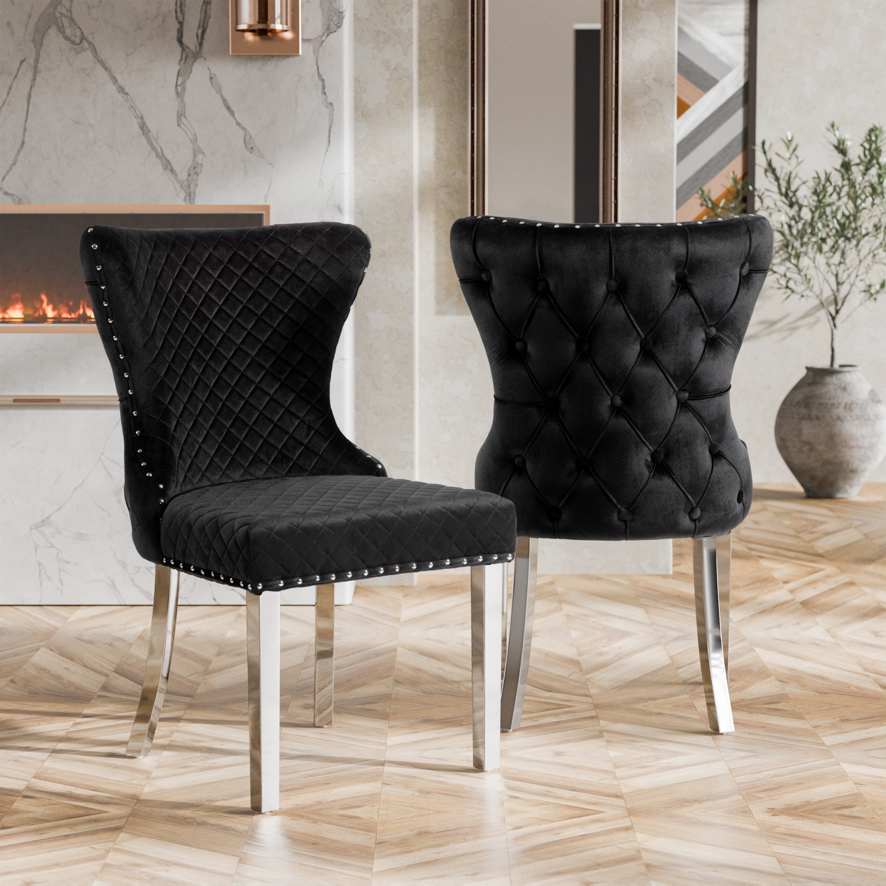 Furniture of America Vera Glam Nailhead Trim Dining Chairs, Black and Chrome (Set of 2)