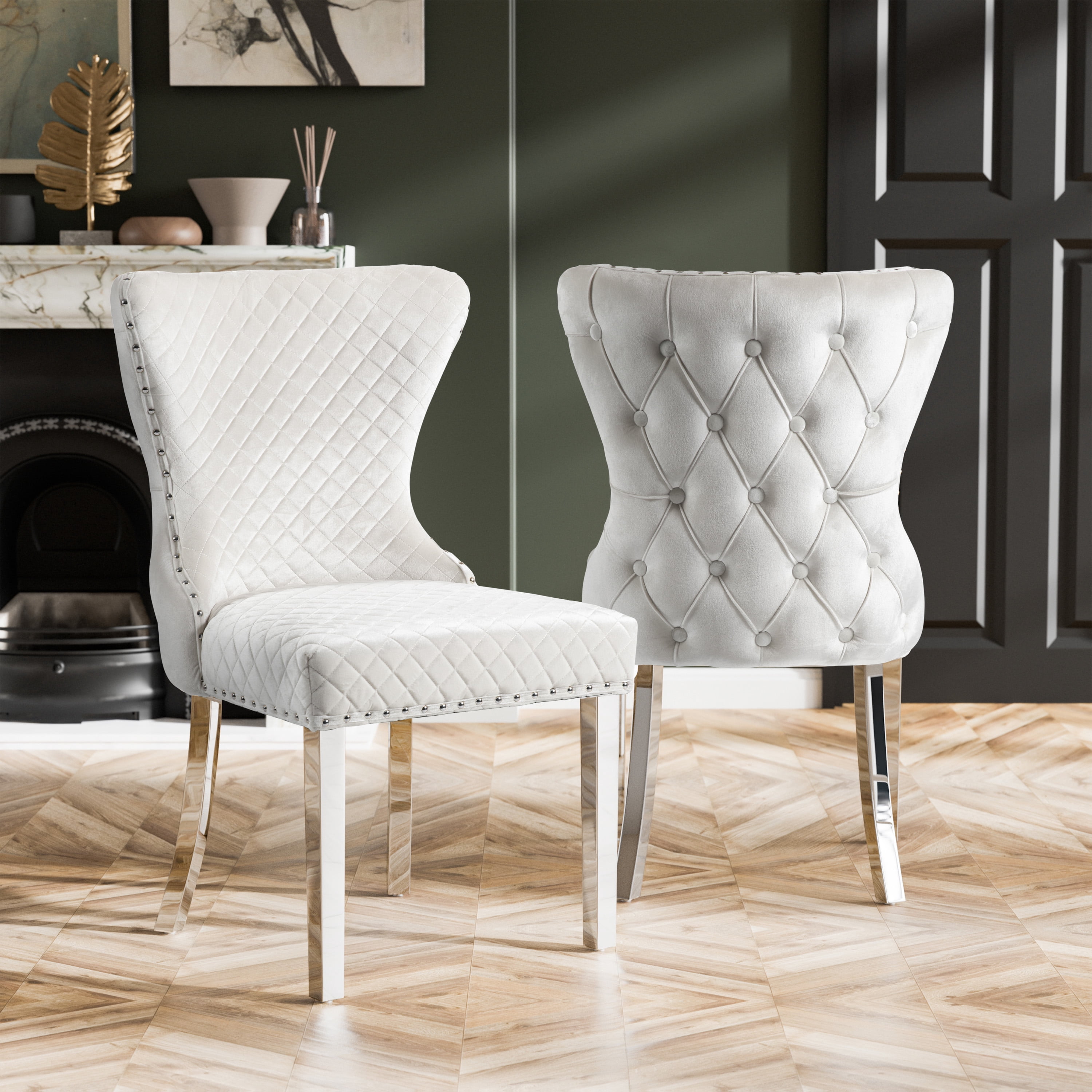 Furniture of America Vera Glam Nailhead Trim Dining Chairs, White and Chrome (Set of 2)