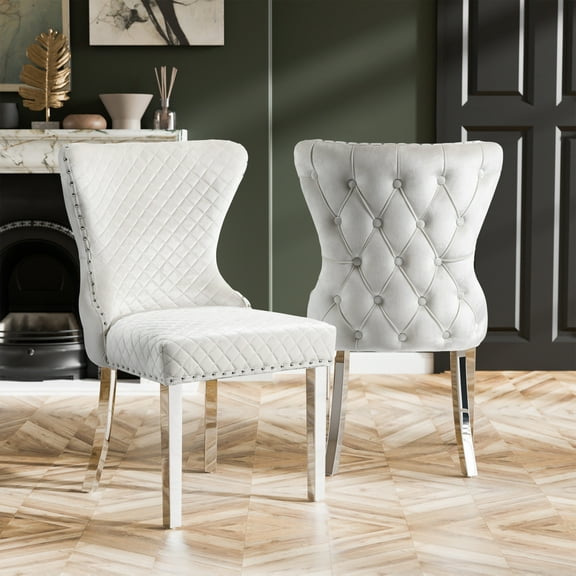 Furniture of America Vera Glam Nailhead Trim Dining Chairs, White and Chrome (Set of 2)