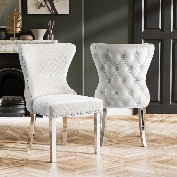 Furniture of America Vera Glam Nailhead Trim Dining Chairs, White and Chrome (Set of 2)