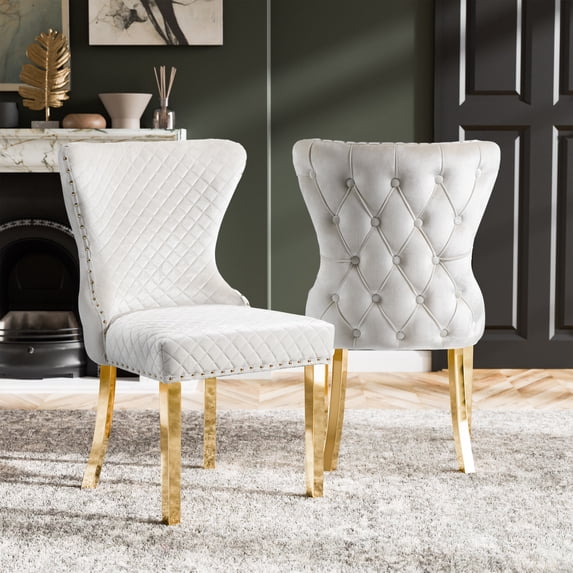 Furniture of America Vera Glam Nailhead Trim Dining Chairs, White and Gold (Set of 2)