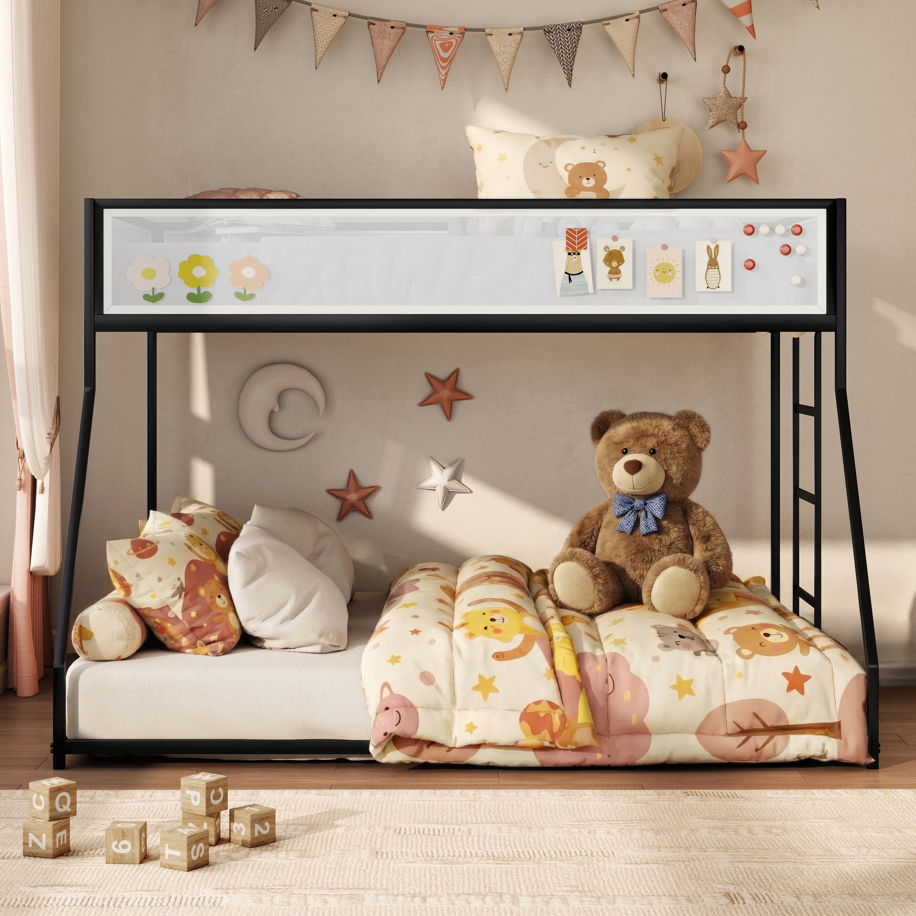 Furniture of America Veric Kids Black Twin Over Full Low Profile Bunk Bed with White Magnetic Mesh Panel