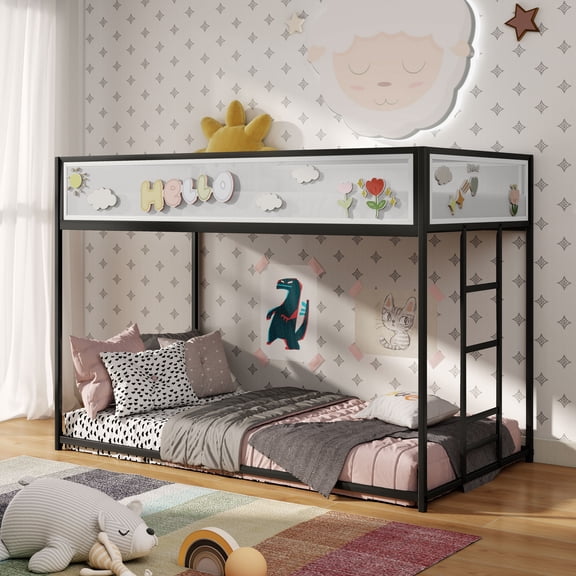 Furniture of America Veric Kids Black Twin over Twin Low Profile Bunk Bed with White Magnetic Mesh Panel