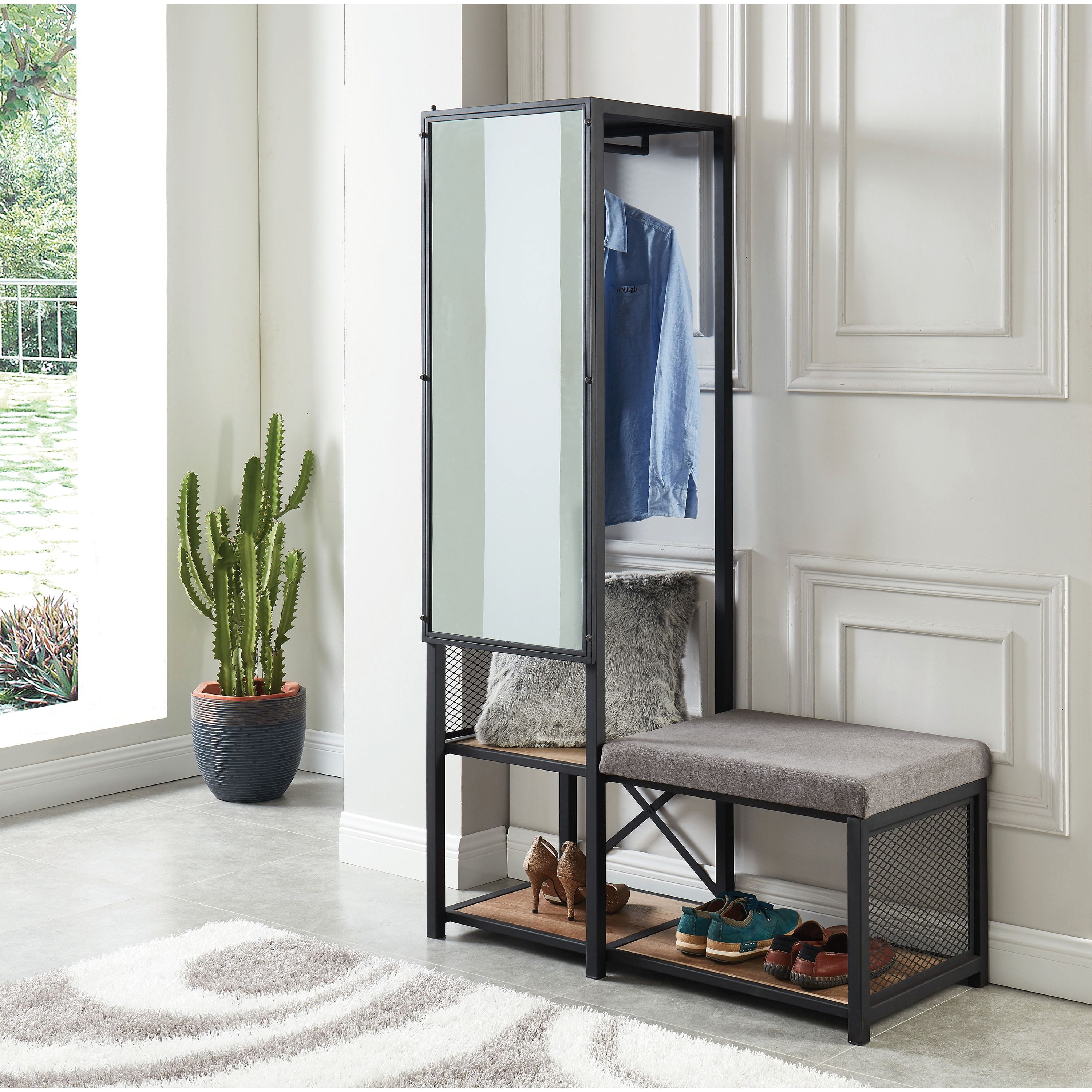 Furniture of America Verna Hall Tree Bench with Mirror Sand Black