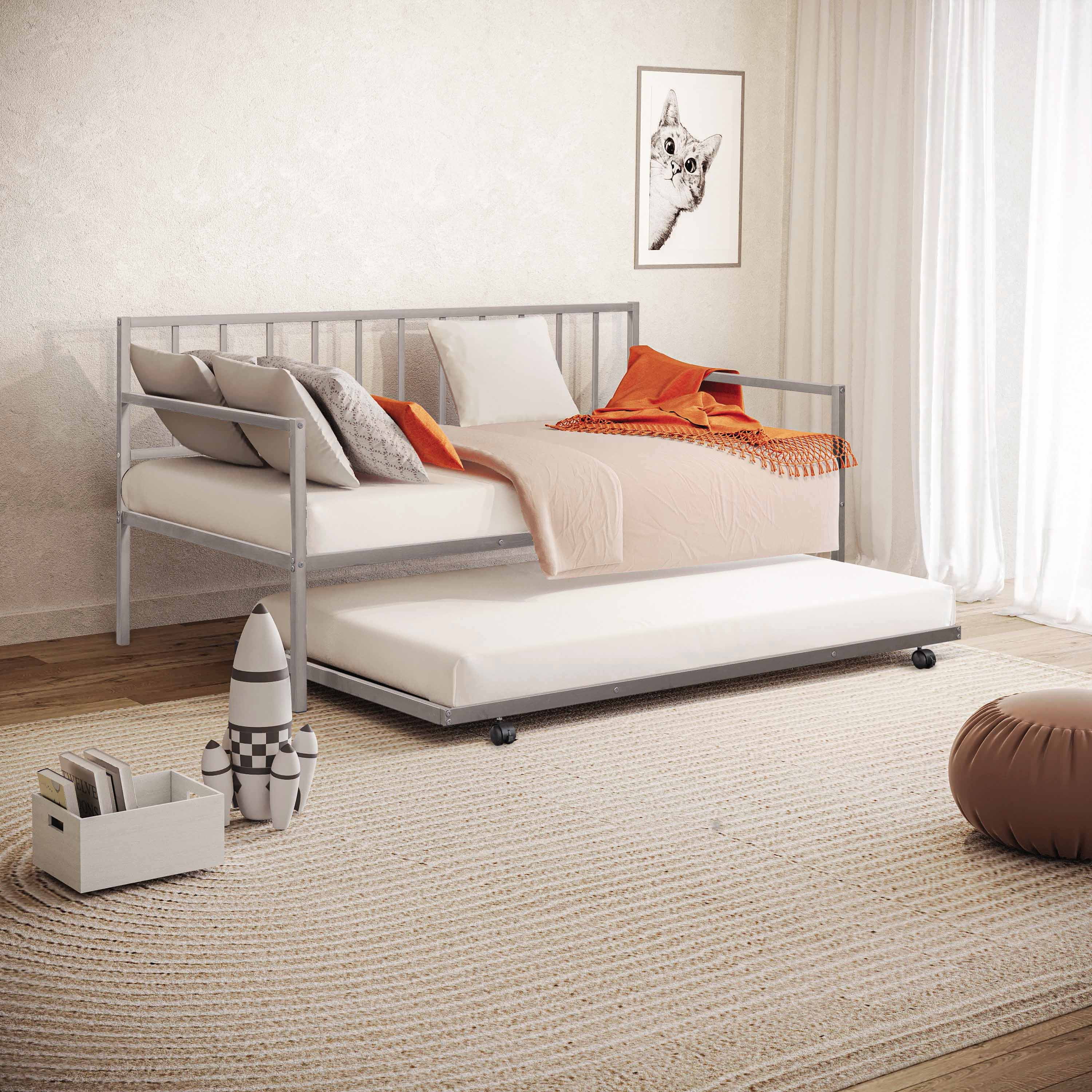 Silver Twin Metal Daybed with Trundle and Drawer