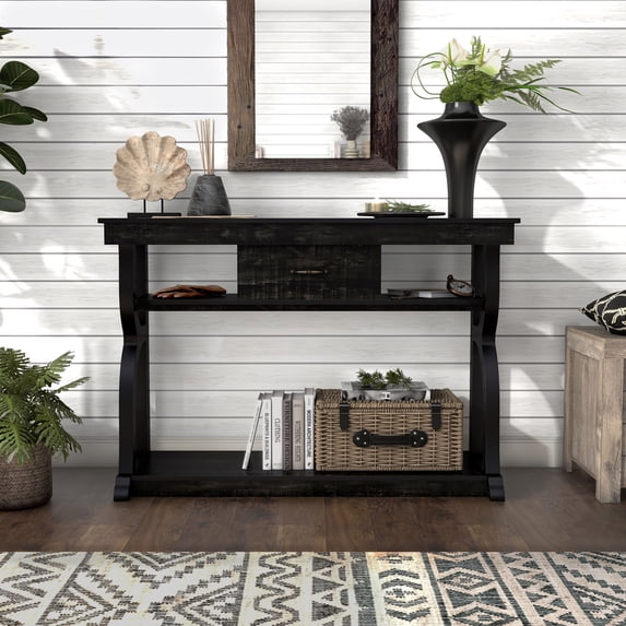 Emile Indoor 3-Shelf and 1-Drawer Wood Reclaimed Black Oak Console Table for Living Room
