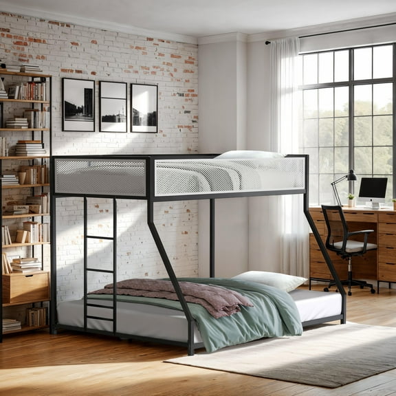 Furniture of America Vuran Kids Twin Over Full Metal Platform Bunk Bed, Black and White