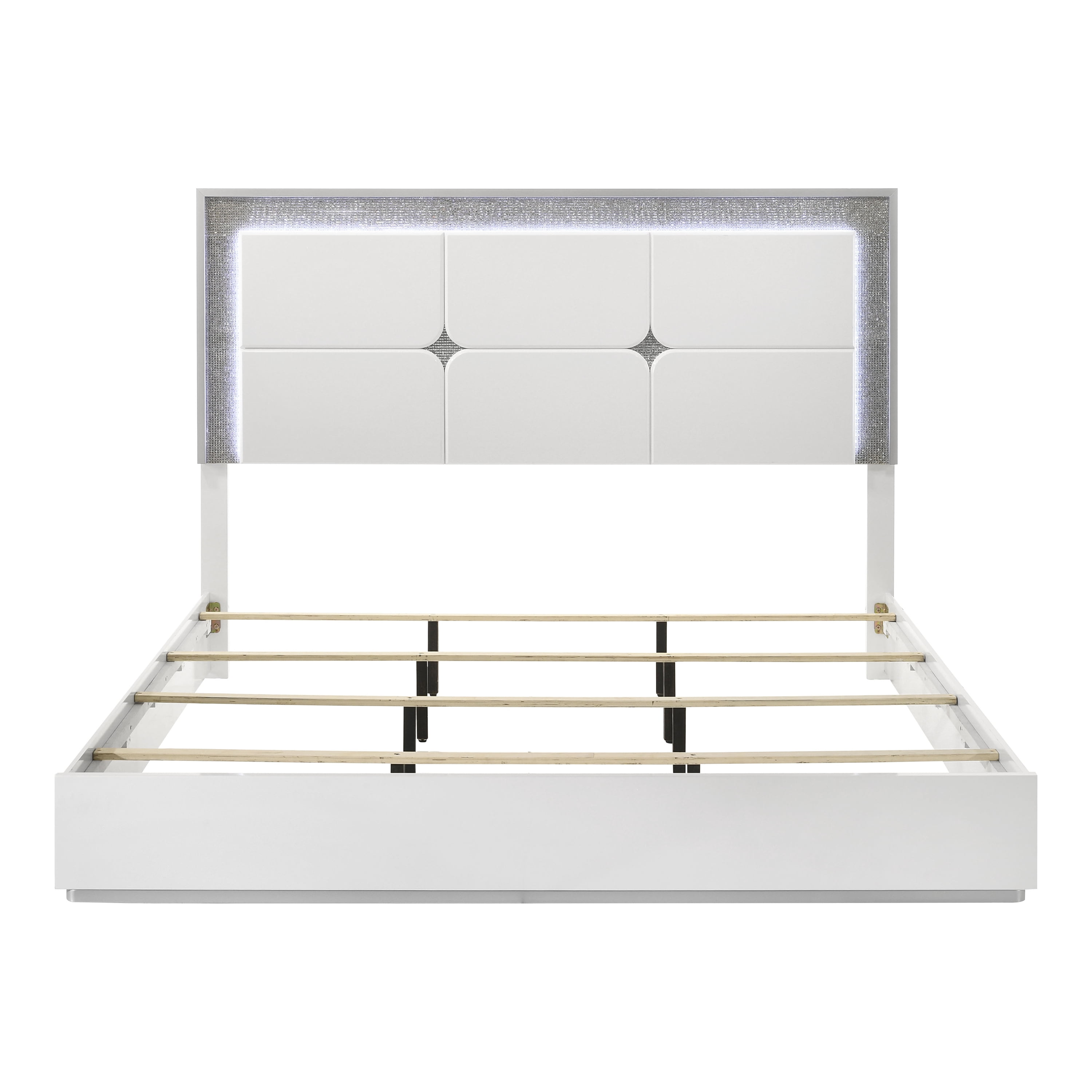 Furniture of America Wellan Adult King Solid Wood Panel Bed with LED Light, White