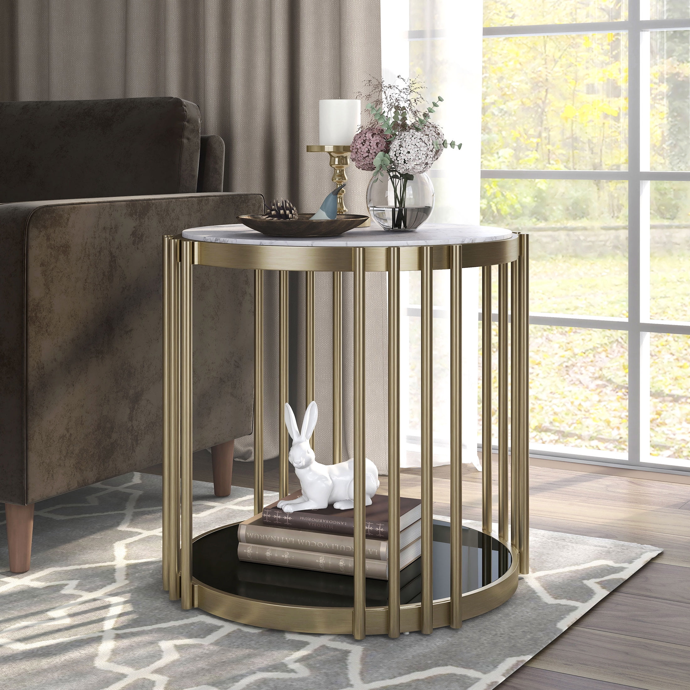 Furniture of America Wilmo Faux Marble 1-Shelf End Table, Brass