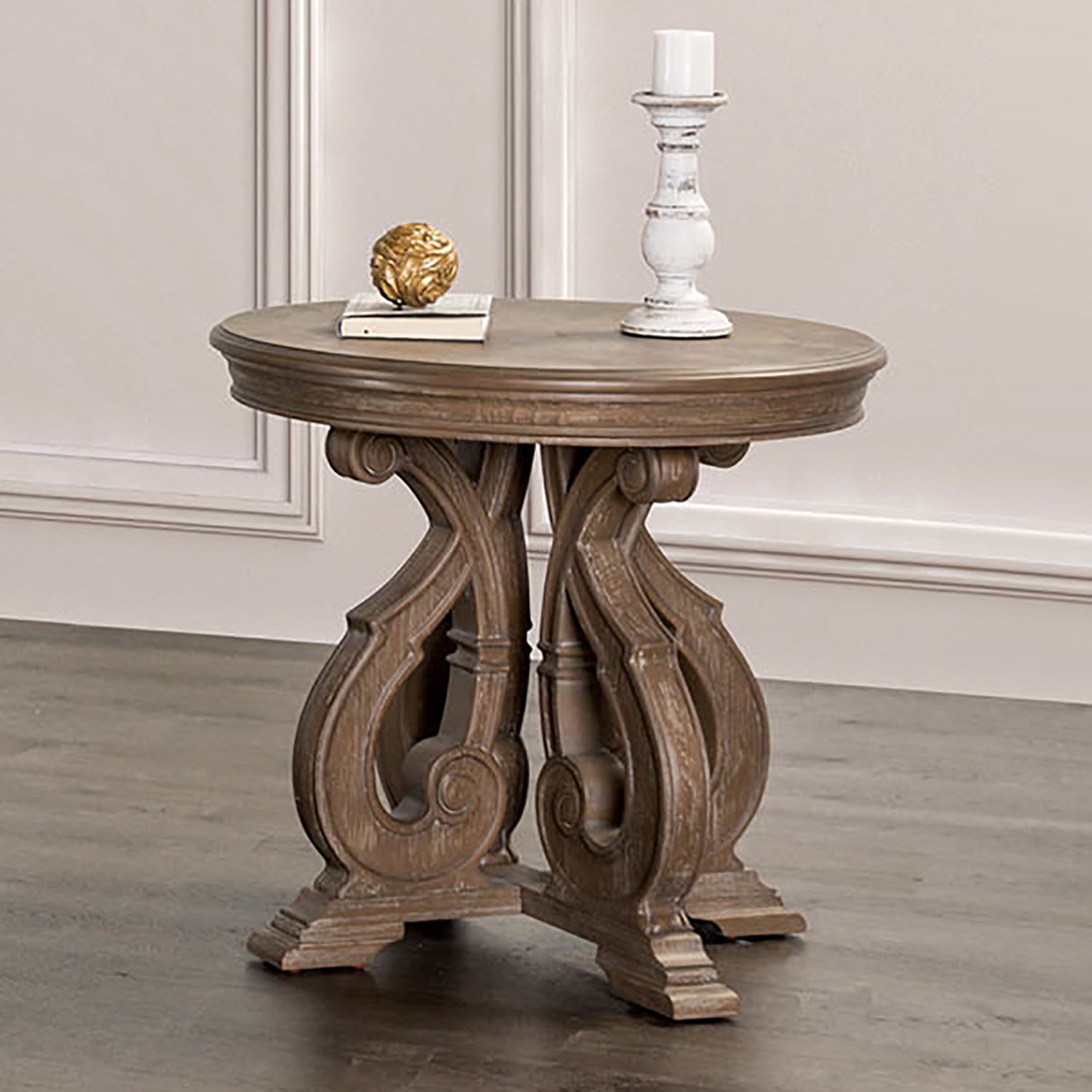 Furniture of America Wilster Traditional Pedestal Solid Wood 27-inch Round Indoor End Table, Weathered Oak
