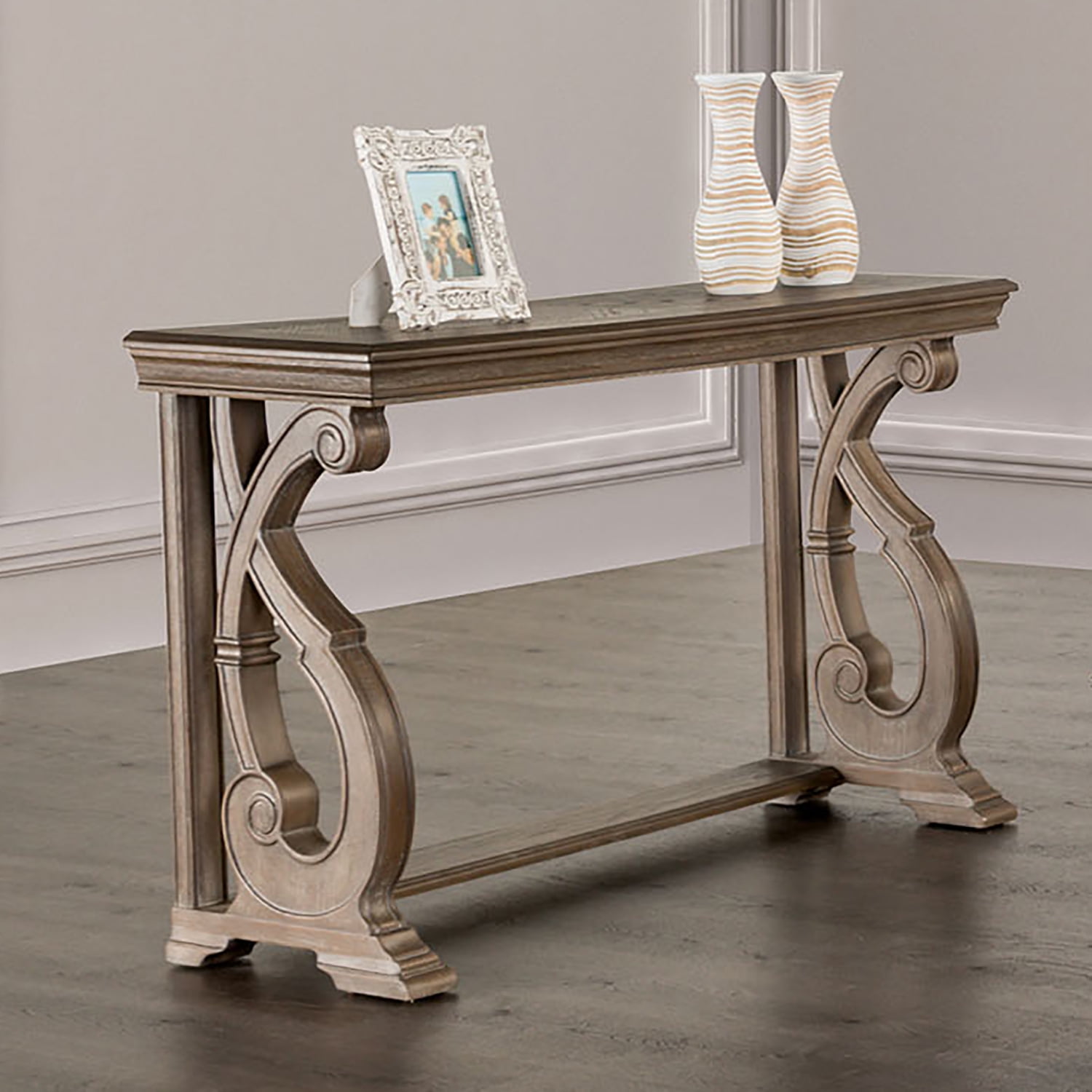 Furniture of America Wilster Traditional Trestle Solid Wood 50-inch Indoor Sofa Table, Weathered Oak
