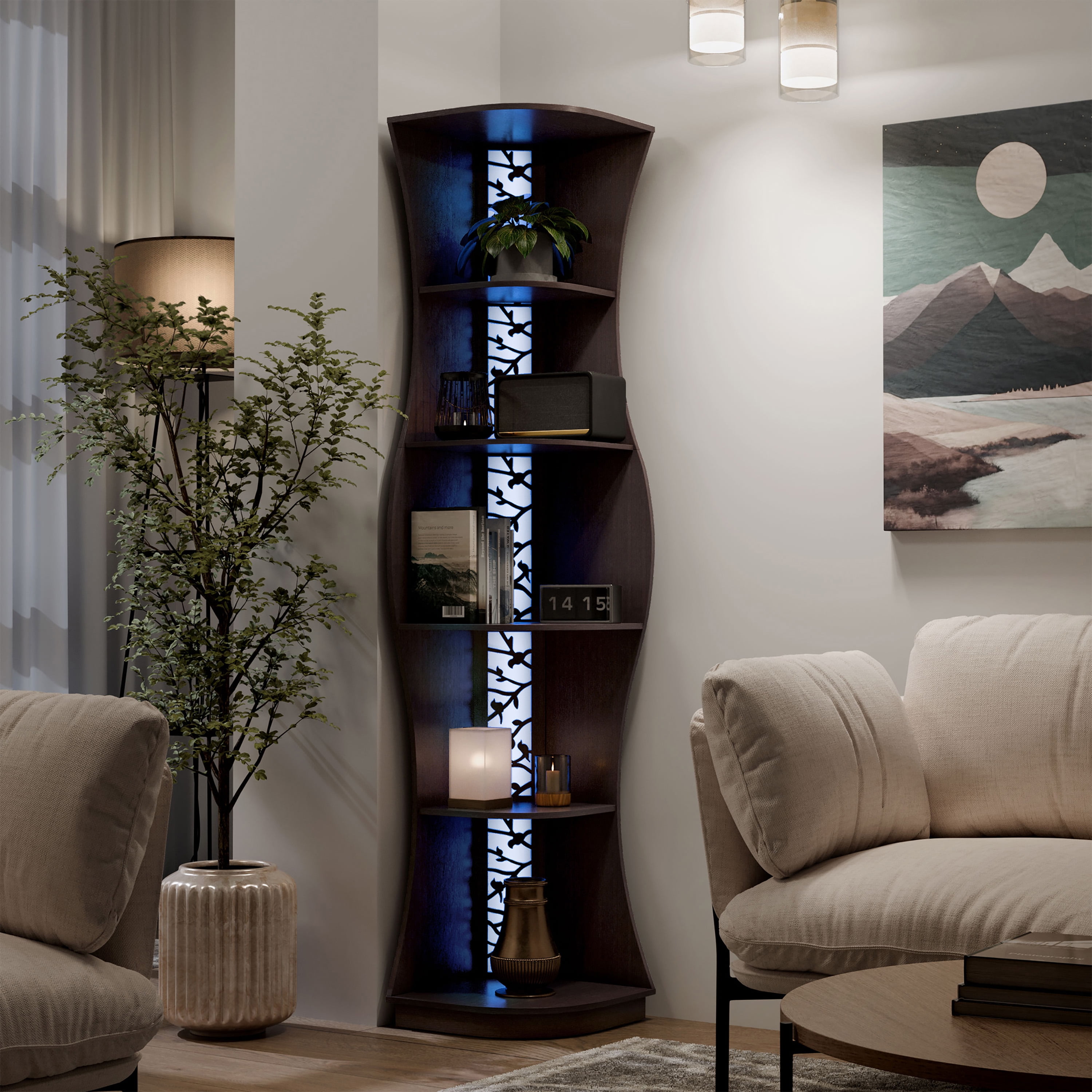 Furniture of America Wilton Adult Contemporary 5-Shelf Corner Bookcase with LED Light, Cappuccino