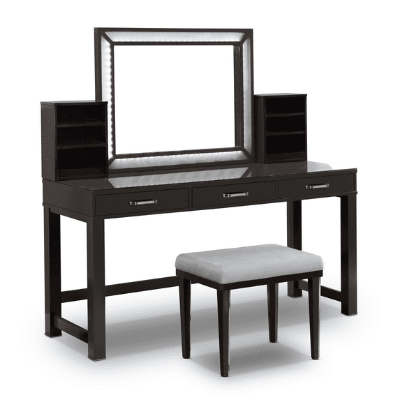 Furniture of America Wreston 3-Piece LED Vanity Set, Obsidian Gray