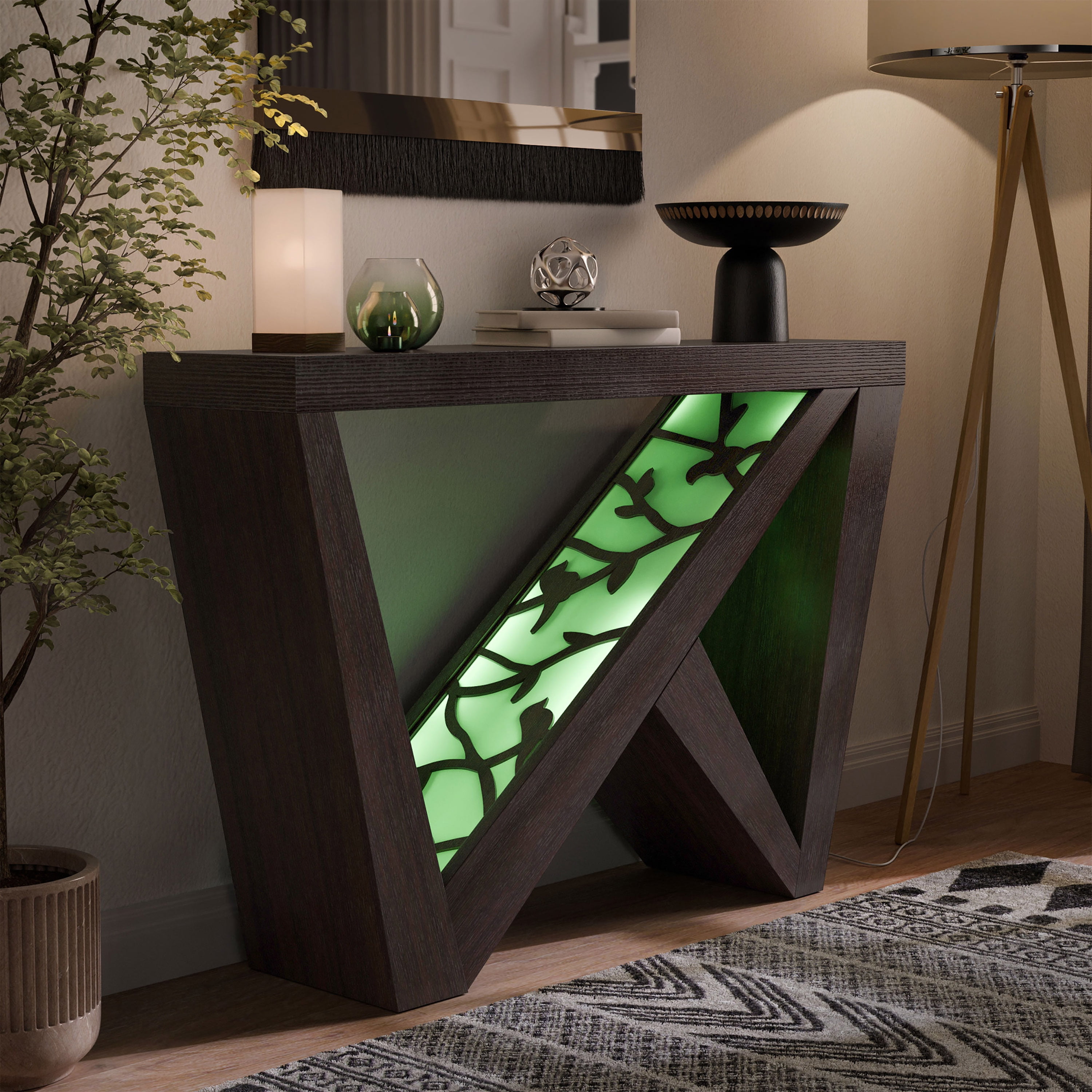 Furniture of America Wyll Contemporary LED Wood Console Table with Remote, Cappuccino