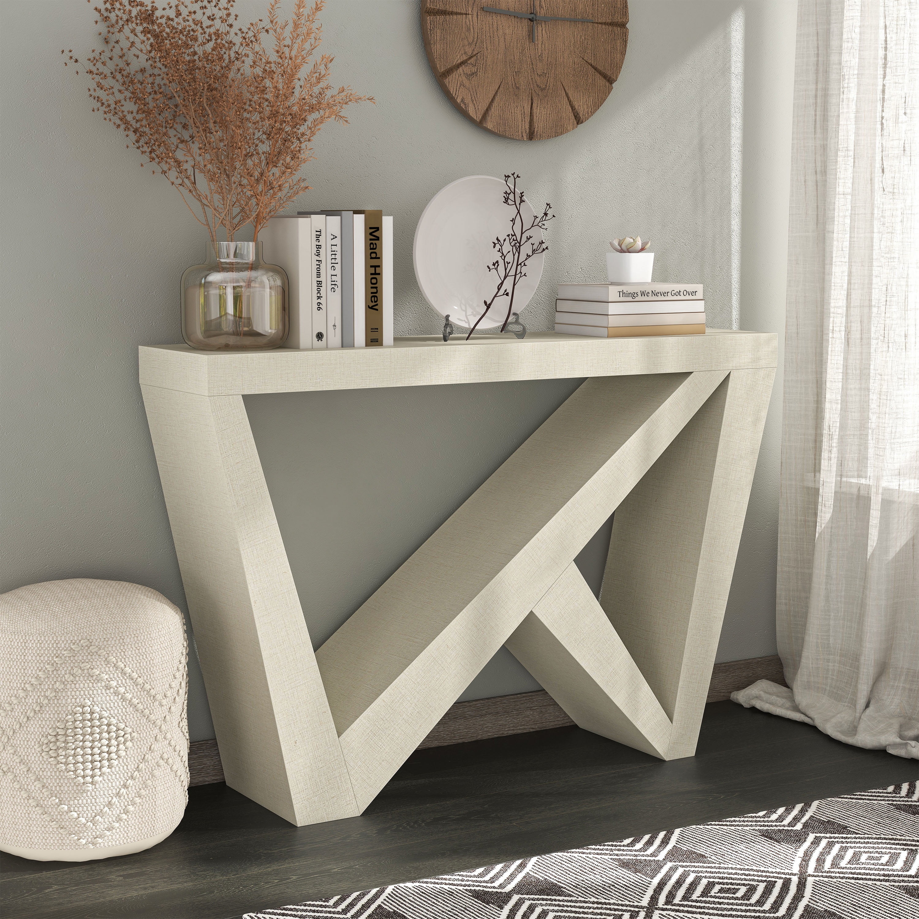 Cream Weave Modern Rectangular Console Table with Geometric Design