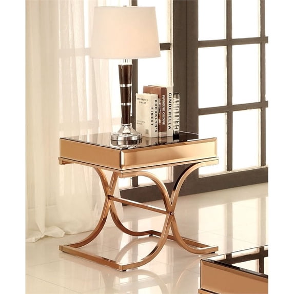 Furniture of America Xander Contemporary Square Mirrored End Table in Brass