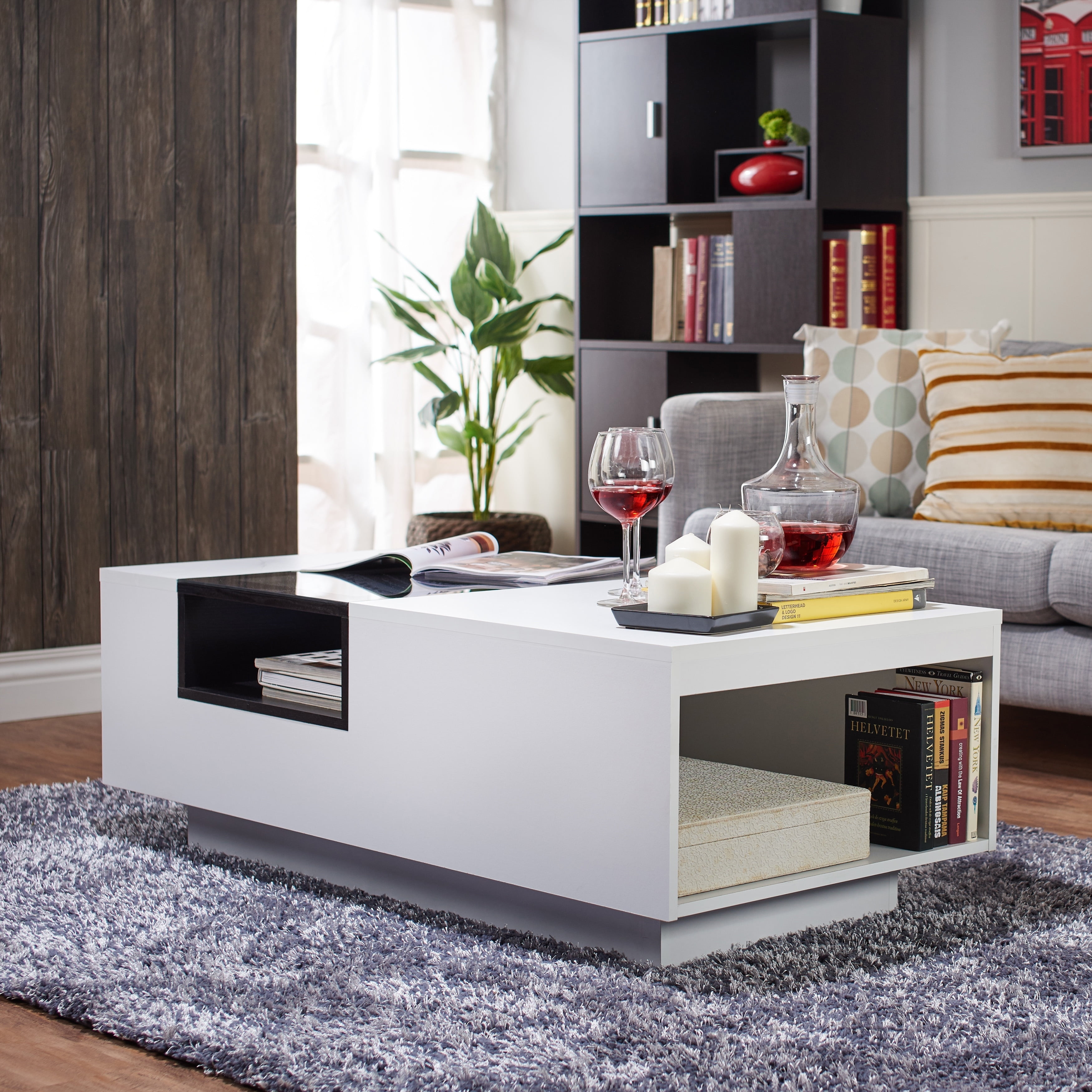 Modern White and Black Rectangular Glass Top Coffee Table